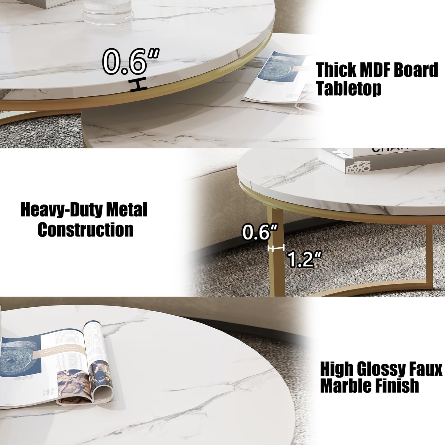 WiberWi Round Nesting Coffee Tables Set of 2 – Large Ø34", Small Ø26", Modern Gold Metal Frame Circle Tables with High Gloss Faux White Marble Top for Living Room
