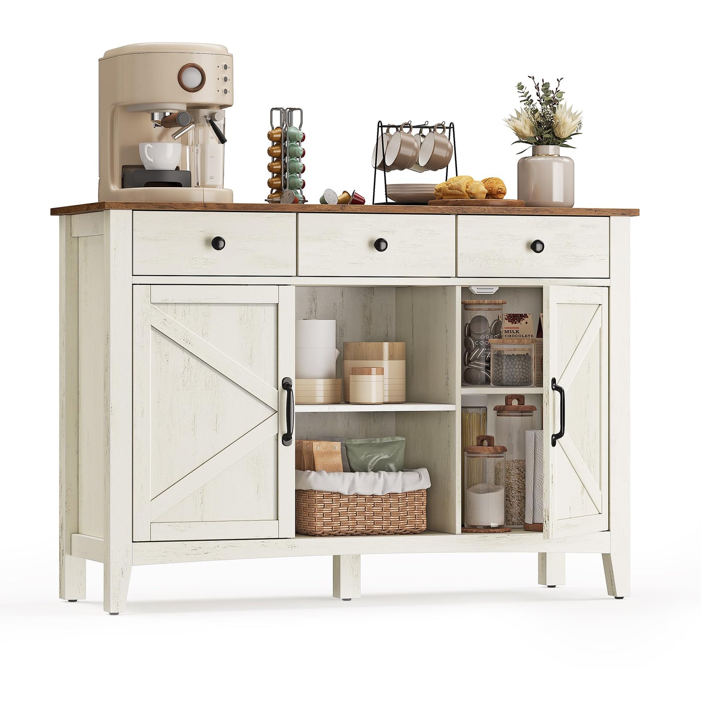 **Buffet Cabinet, Coffee Bar Cabinet with 3 Drawers, Adjustable Shelves, Sideboard Storage with Cable Holes and Drawer Dividers, Rustic White and Honey Brown**