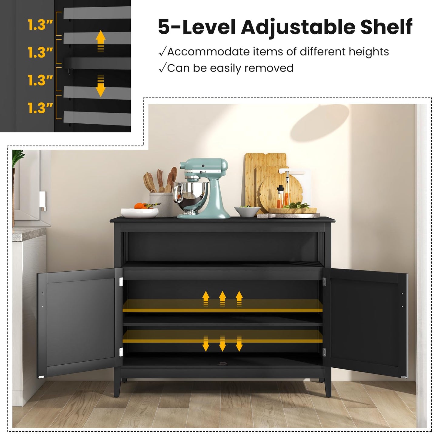 Freestanding Buffet Cabinet with Adjustable Shelf, Kitchen Storage Sideboard Console Table, 45" x 20" x 36", Black