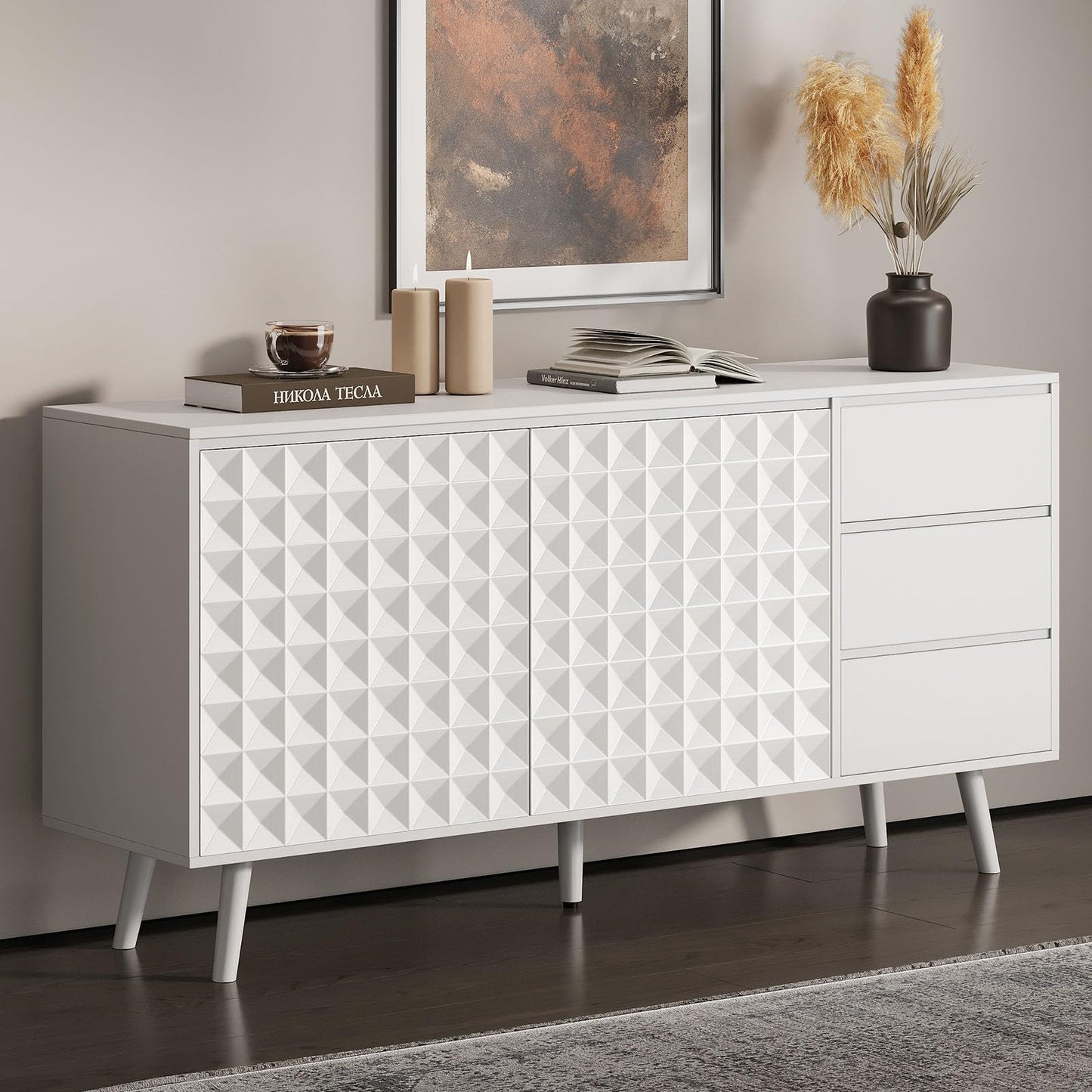 **59.8" Large Buffet Sideboard Cabinet with 2 Doors and 3 Drawers, Diamond-Pattern Console with Adjustable Shelves for Kitchen or Dining Room**