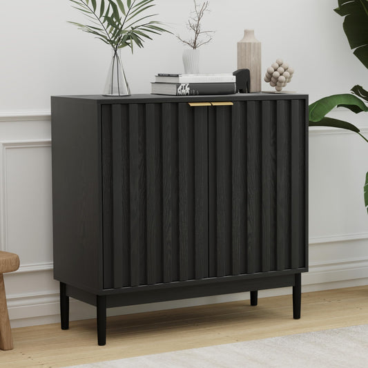 Fluted Buffet Cabinet with Door and Adjustable Shelves, Modern Sideboard Storage Cabinet for Kitchen, Living Room, or Hallway, Black