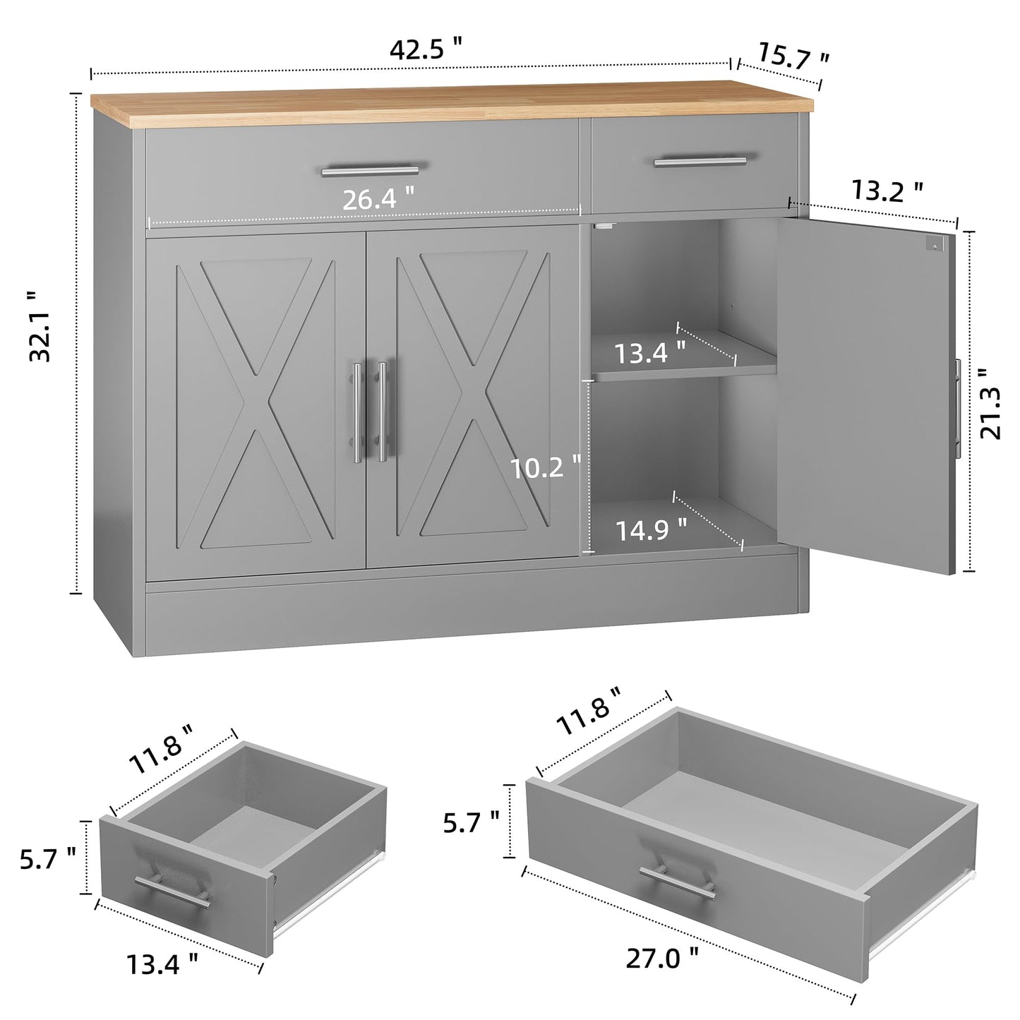 Modern Farmhouse Sideboard Buffet Cabinet with 3 Doors and Adjustable Shelf, 42" Wood Storage Cabinet for Kitchen or Living Room, Grey