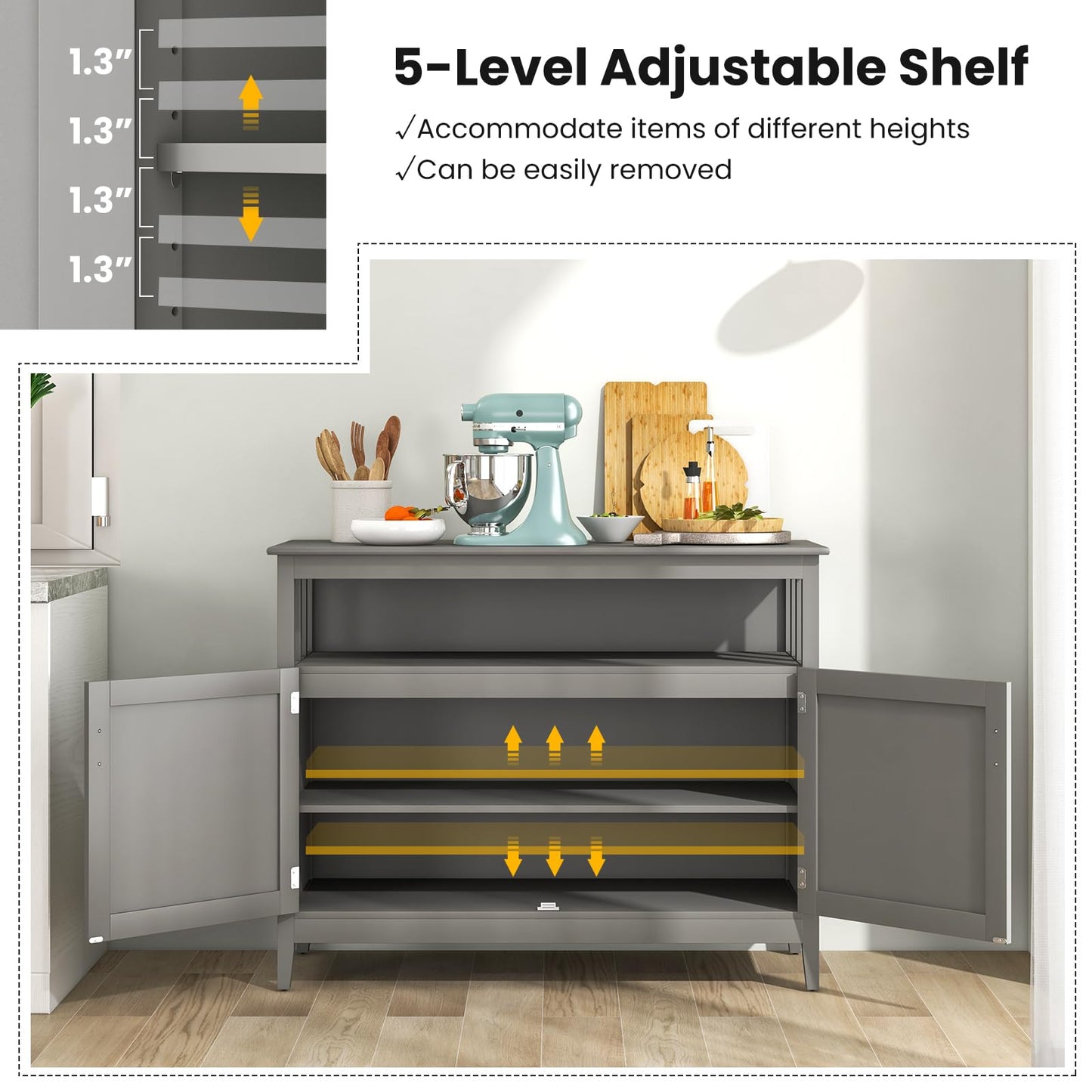 Freestanding Buffet Cabinet with Adjustable Shelf, Kitchen Storage Sideboard Console Table, 45" x 20" x 36", Grey