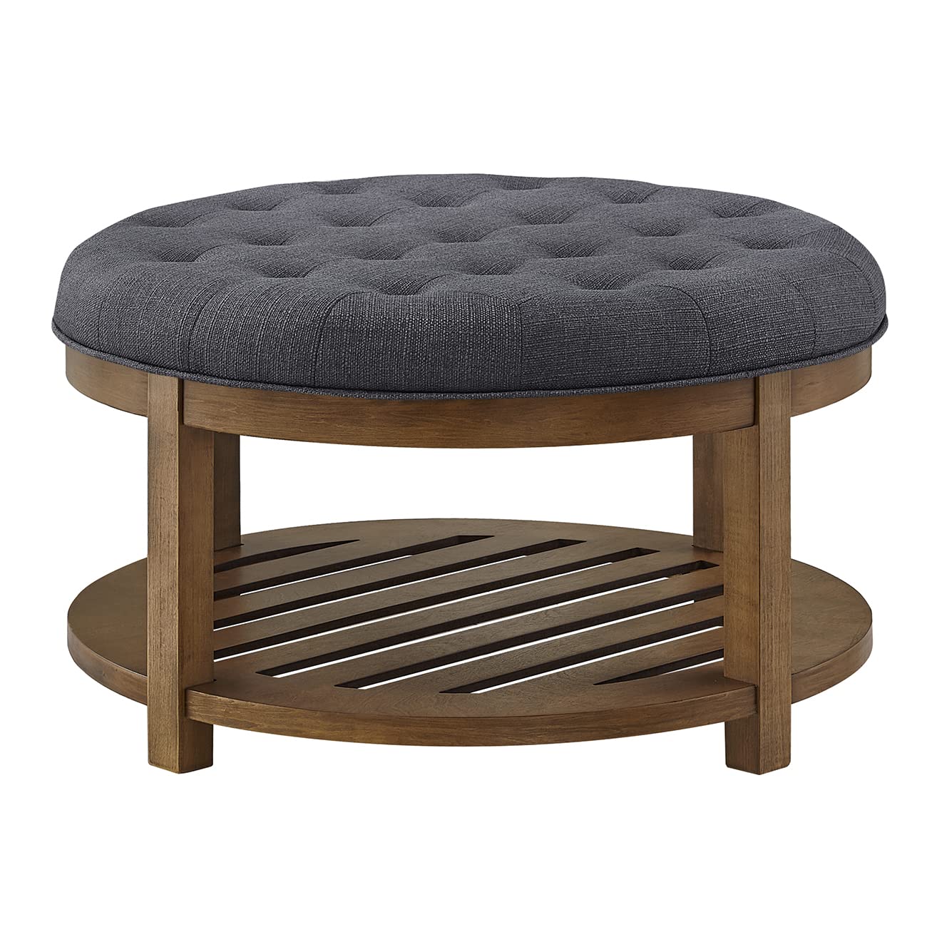 24KF Large Round Upholstered Tufted Linen Ottoman Coffee Table with Wooden Storage Shelf, Large Footrest Ottoman for Living Room, Charcoal