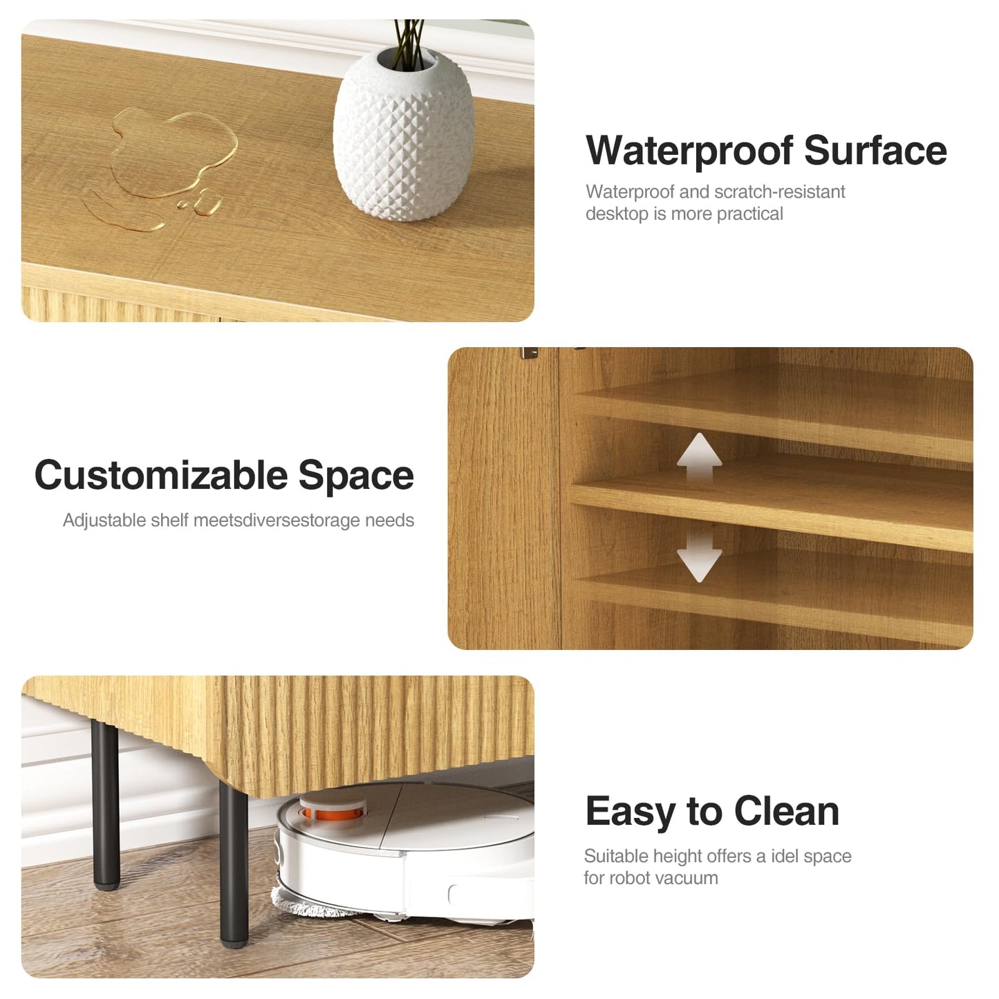 Buffet Cabinet with 2 Doors and Adjustable Shelf, Fluted Modern Sideboard Accent Cabinet for Living Room, Natural