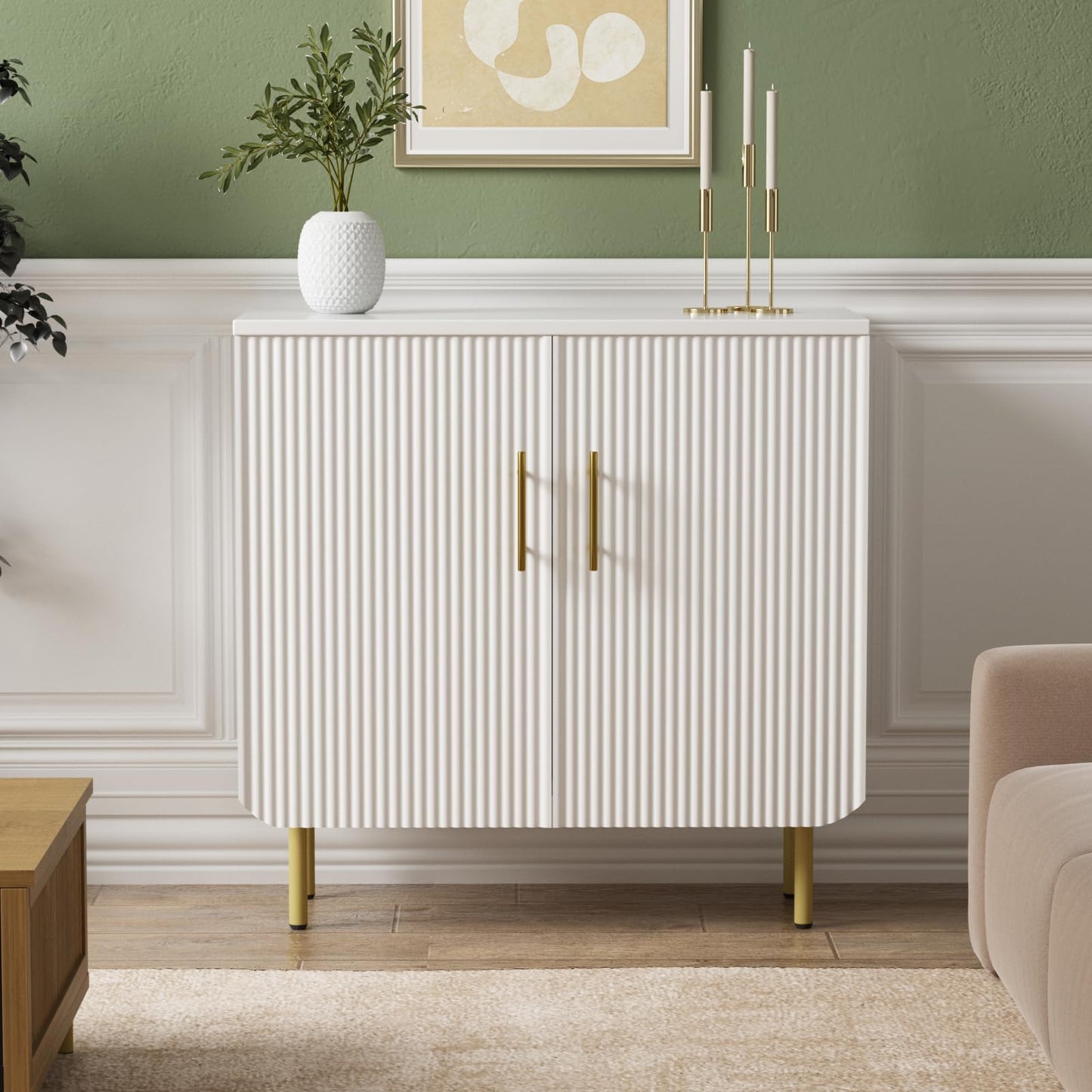 Buffet Cabinet with 2 Doors and Adjustable Shelf, Fluted Modern Sideboard Accent Cabinet for Living Room, White