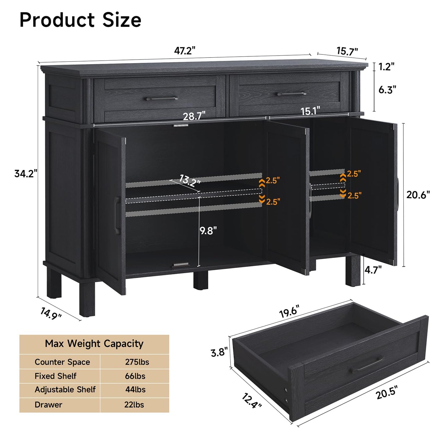 48" Farmhouse Buffet Sideboard Cabinet with 2 Drawers and 3 Doors, Wood Coffee Bar Cabinet with Adjustable Shelves for Kitchen or Living Room, Black