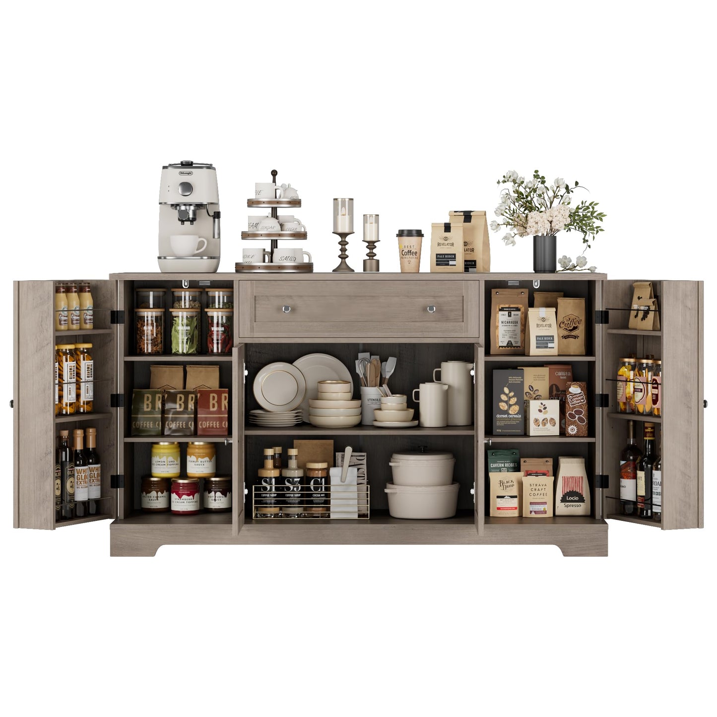 **HITHOS 54" Modern Buffet Cabinet with Storage, Ash Grey Kitchen Sideboard with Drawer, Wood Coffee Bar Station with Adjustable Shelves for Living Room**