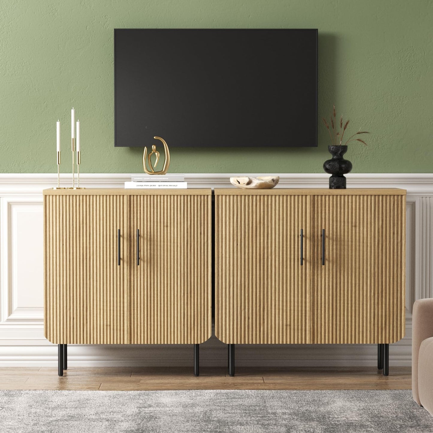 Buffet Cabinet with 2 Doors and Adjustable Shelf, Fluted Modern Sideboard Accent Cabinet for Living Room, Natural