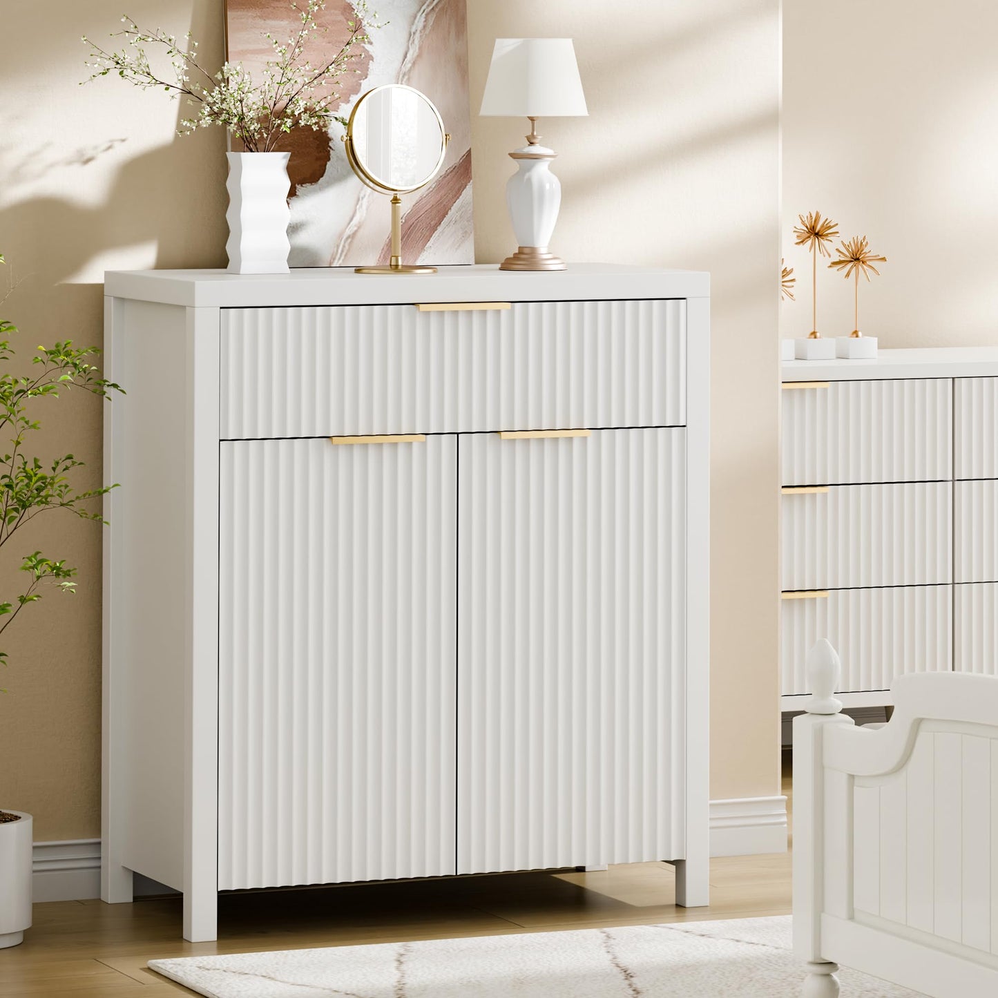 White Fluted Storage Cabinet with Drawers and Adjustable Shelves, Buffet Sideboard for Kitchen, Living Room, or Entryway