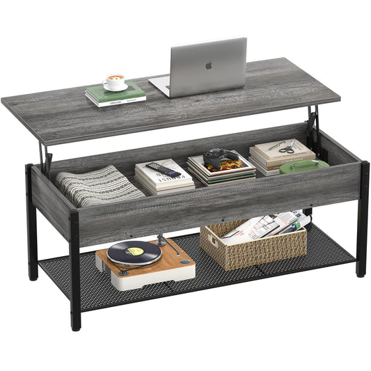 Lift Top Coffee Table with Storage Shelf and Hidden Compartment, Modern Wood and Metal Table for Living Room, Black Oak