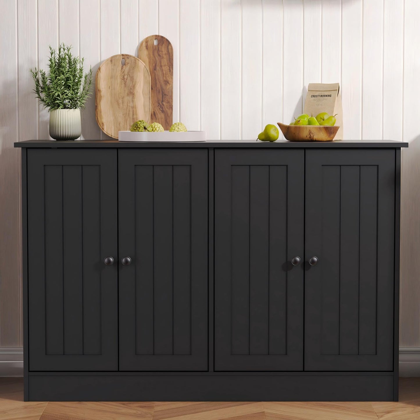 47" Sideboard Buffet Cabinet with 4 Doors, Modern Farmhouse Coffee Bar Storage Table for Kitchen, Dining, or Living Room, Black