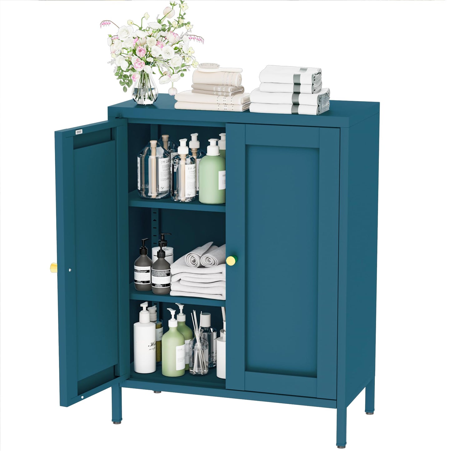 Metal Bathroom Storage Cabinet with 2 Doors and 2 Adjustable Shelves, Freestanding Sideboard for Small Spaces, Living Room, Home Office, or Dining Room