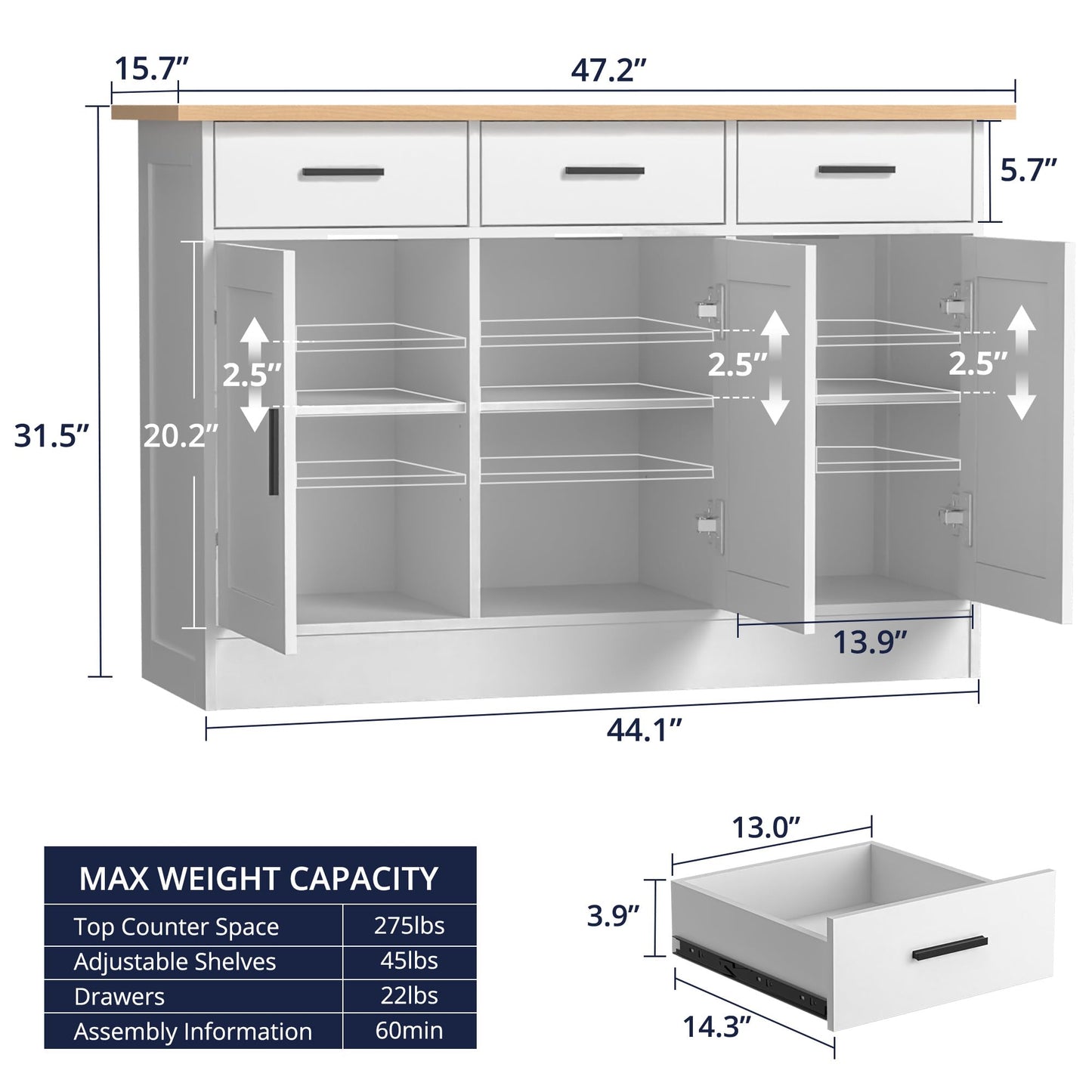 White Buffet Cabinet with Storage, Modern Wooden Narrow Sideboard Credenza with Doors for Entryway or Living Room