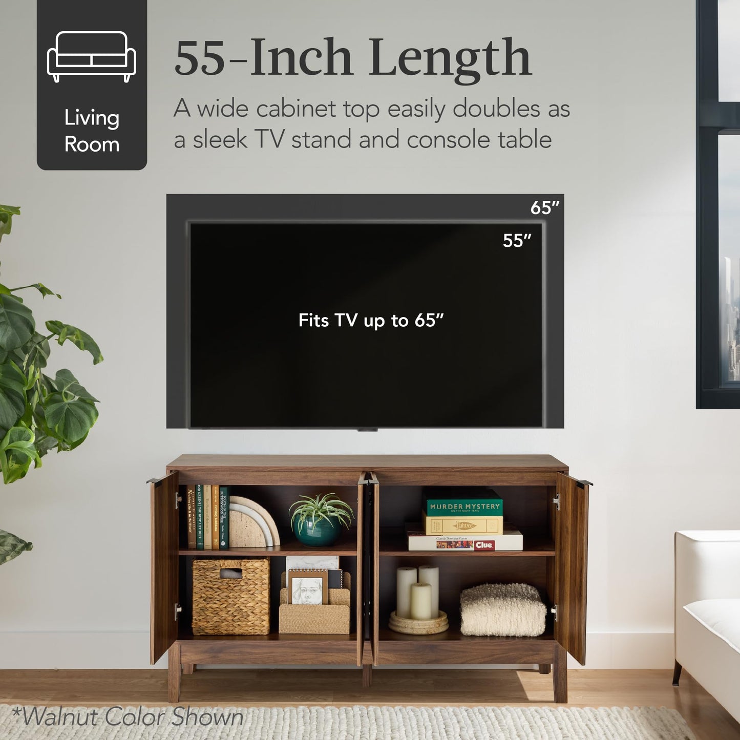 Modern 55" 4-Door Sideboard Storage Cabinet with Reed Panels and Adjustable Shelves, Buffet Media Cabinet for Entryway or Living Room, Natural