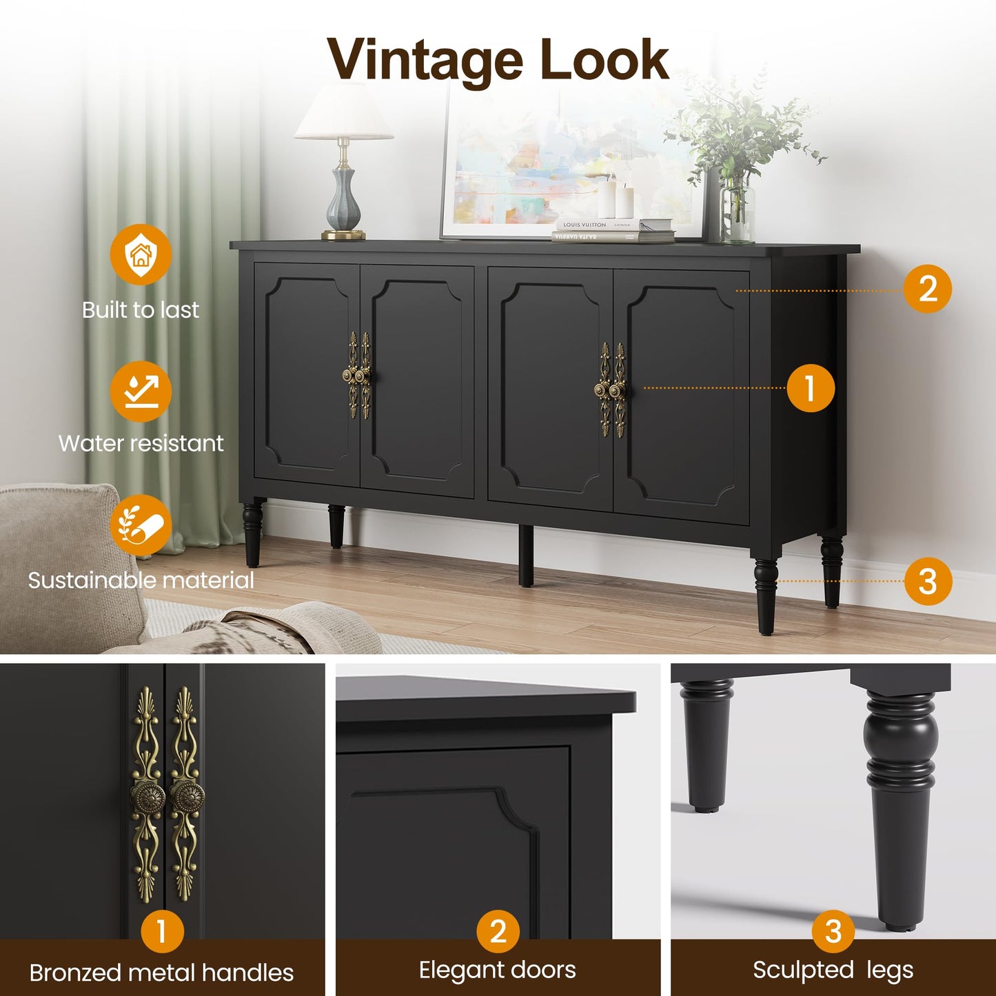 58" Mid-Century Modern Sideboard Buffet Cabinet with Storage and Solid Wood Legs, 4-Door Credenza for Entryway, Kitchen, or Living Room, Satin White