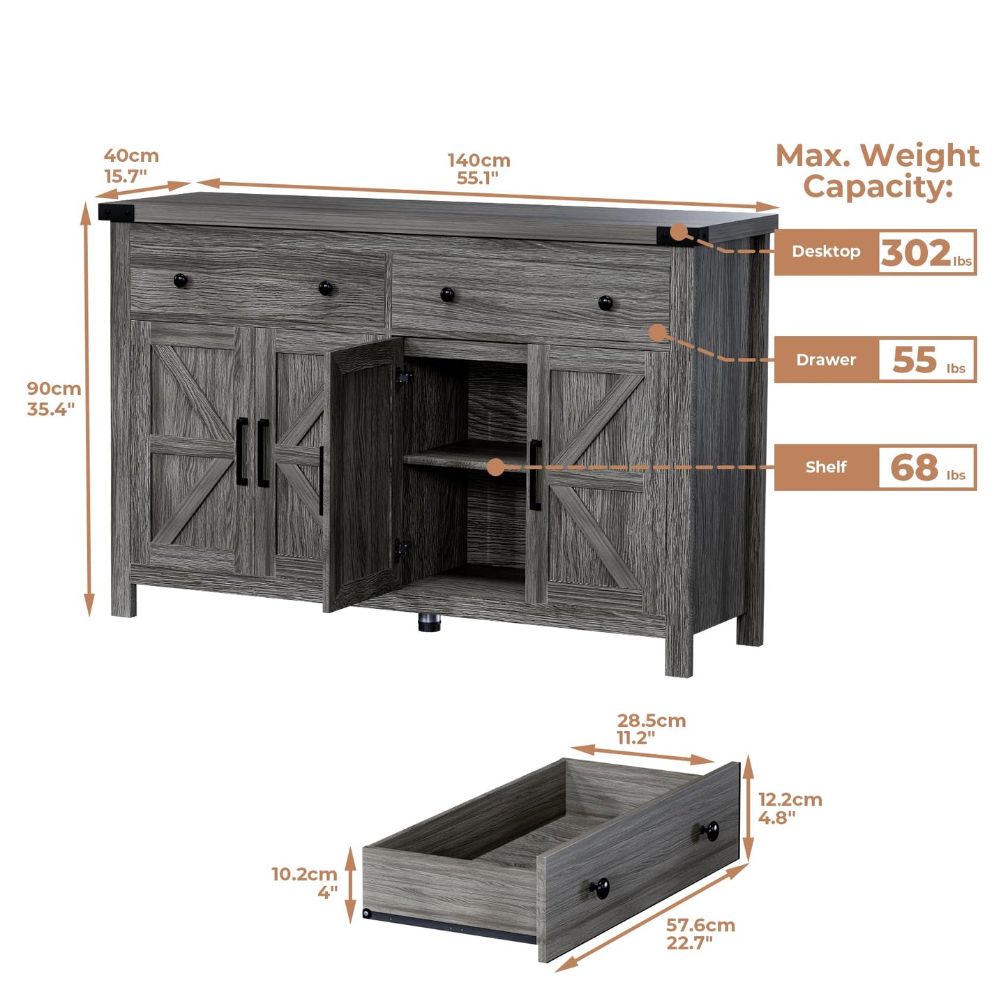 55" Modern Farmhouse Sideboard Buffet Cabinet with Storage, Grey Wood Coffee Bar Cabinet with 2 Drawers & 4 Barn Doors, Long Storage Cabinet for Kitchen, Dining Room & Living Room