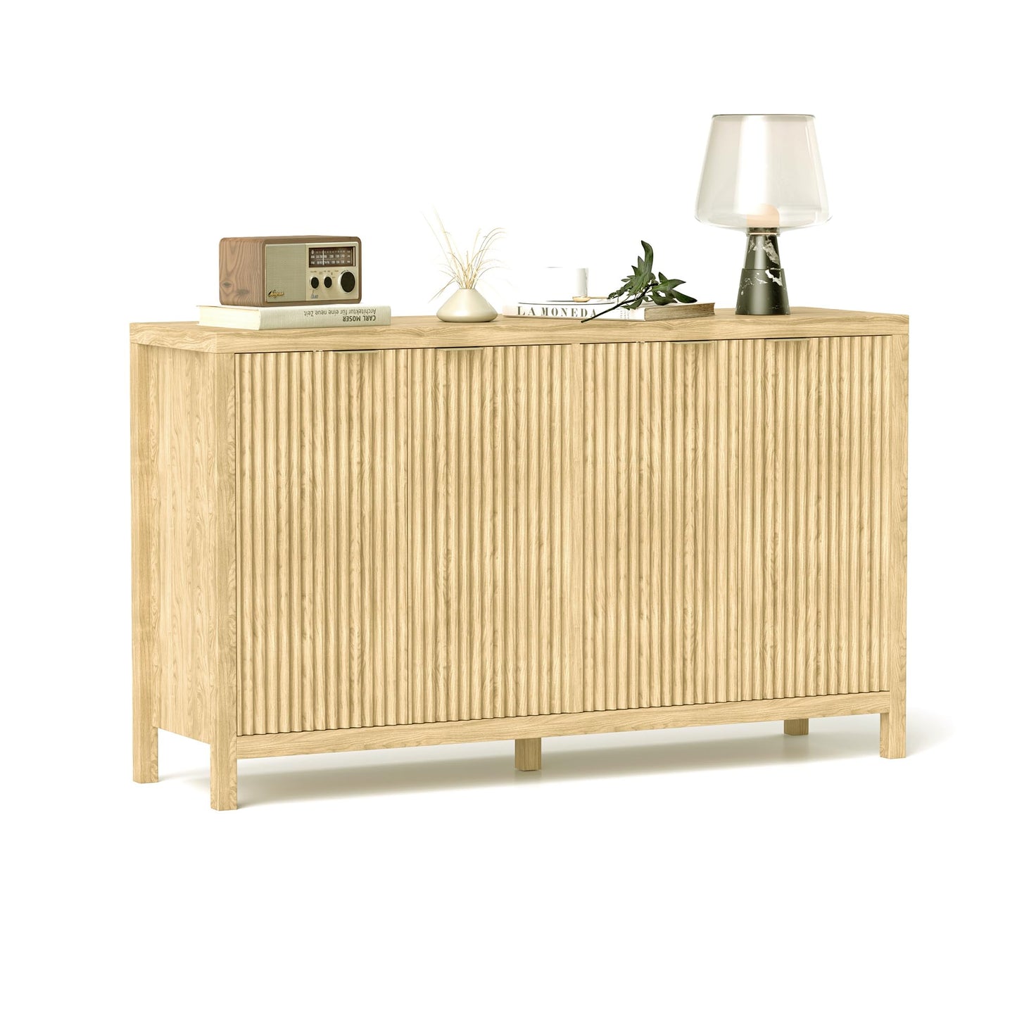 Fluted Sideboard Buffet Cabinet with 4 Doors and Adjustable Shelves, Modern Credenza Coffee Bar Table, Natural Oak