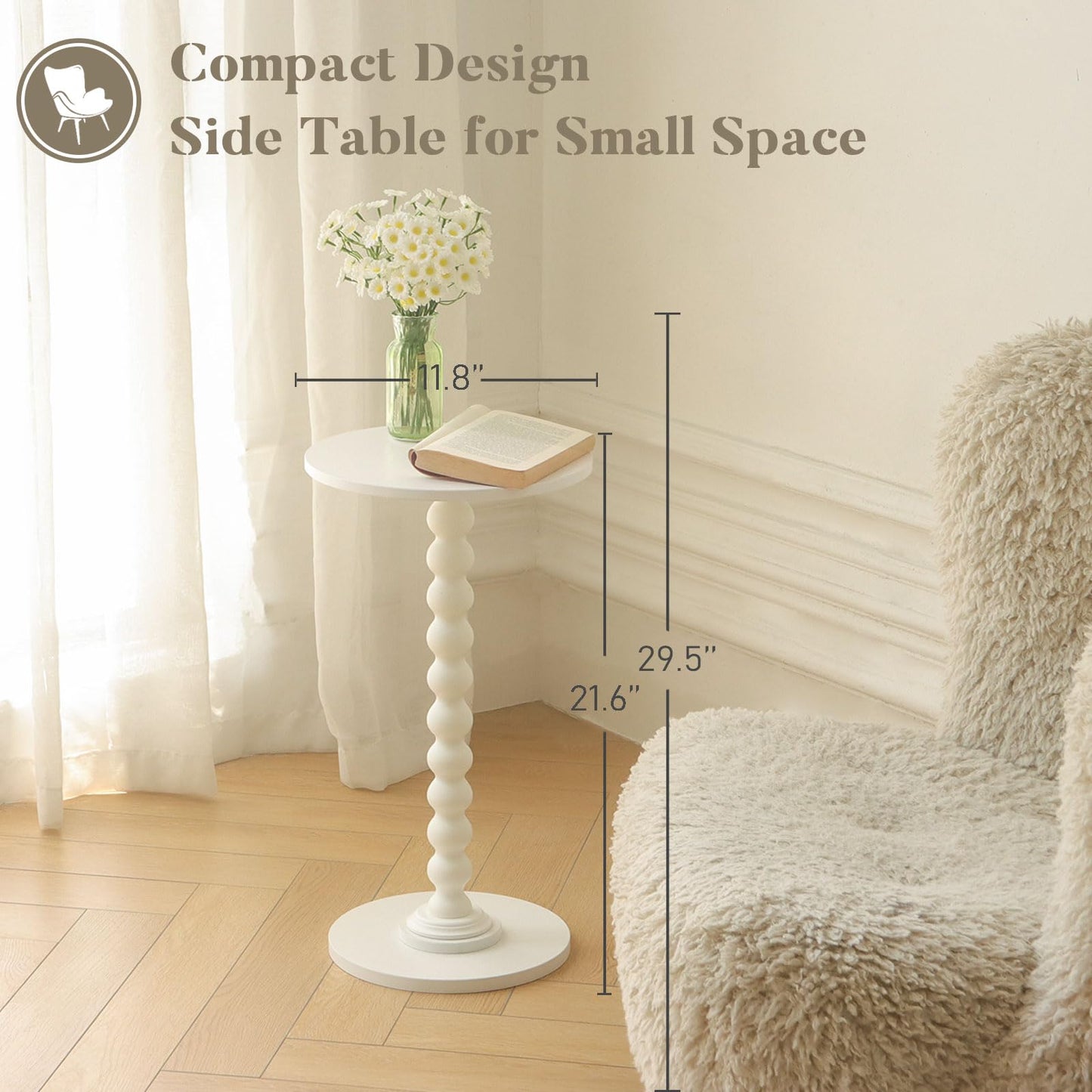 Round Side Table, Small Modern Drink Table with Solid Wood Legs for Living Room, Bedroom, Office, White