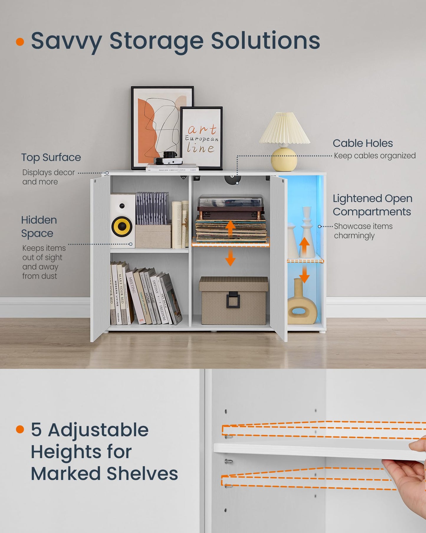 Storage Cabinet with Lighting and Glass Shelf, Superfast Toolless Assembly Accent Buffet Sideboard for Living Room, Snow White