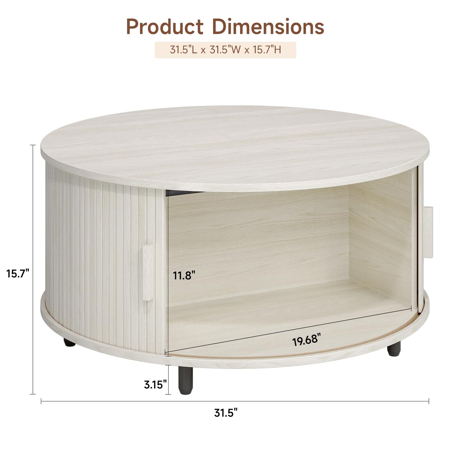 Round Coffee Table with Storage, 31.5" Modern Fluted Wood Table with 360° Sliding Door and Adjustable Footpads, Natural White