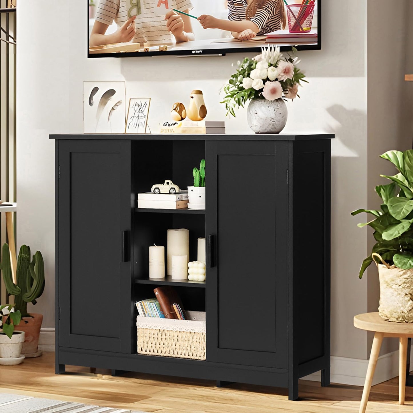 Storage Cabinet with 2 Doors and 4 Shelves, Bathroom Cupboard or Credenza for Living Room, Entryway, or Home Office, Black