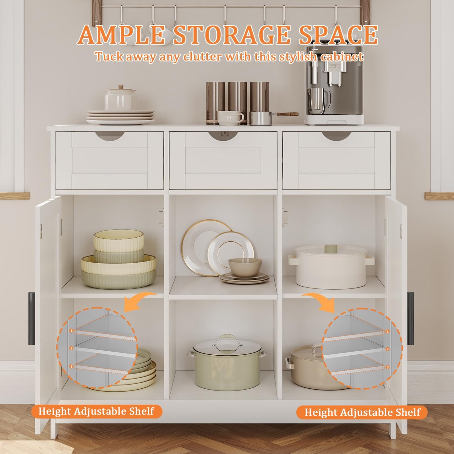 Storage Cabinet with 2 Doors, 3 Drawers, and 2 Adjustable Shelves, Coffee Bar Sideboard for Bathroom, Kitchen, or Living Room, White