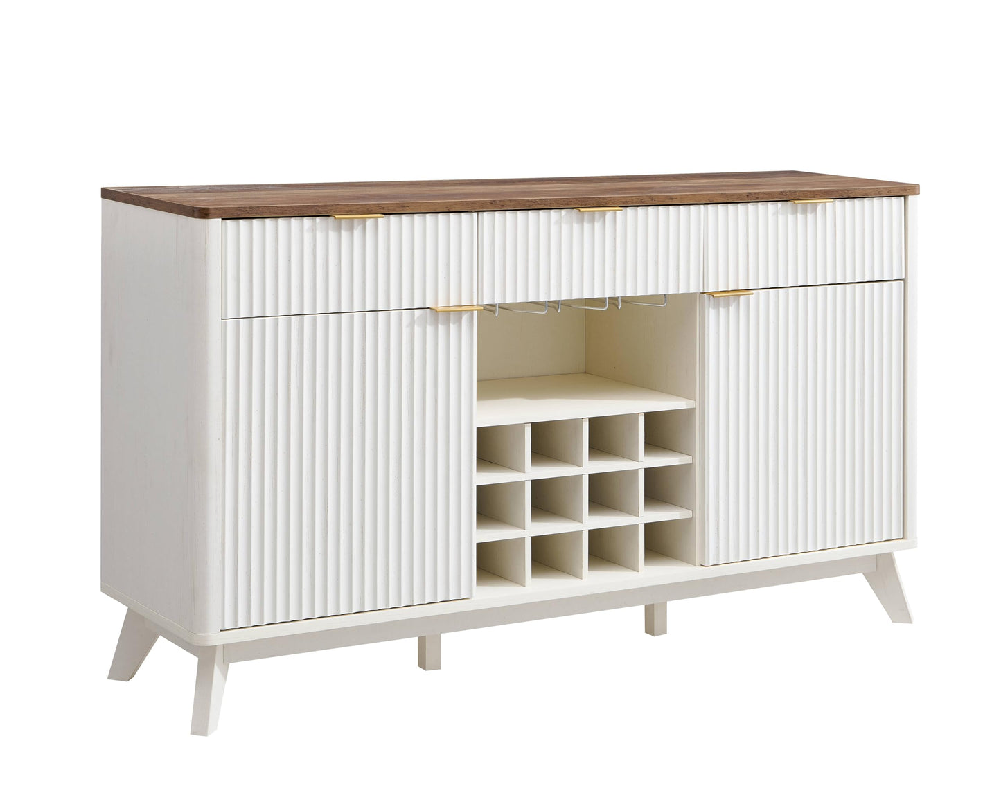 60" Fluted Buffet Cabinet with 3 Drawers and 2 Doors, Modern Wine and Coffee Bar Sideboard with Wine and Glass Racks, Adjustable Shelves for Kitchen or Dining, Antique White