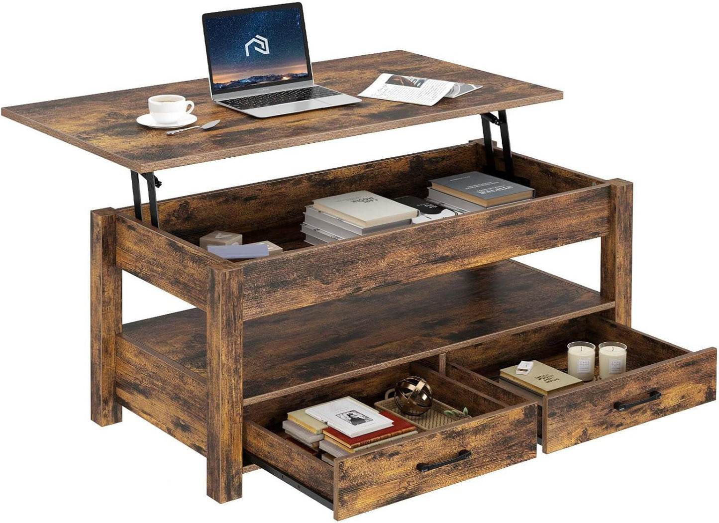 Rolanstar Lift Top Coffee Table with Drawers & Hidden Compartment – Retro Wooden Central Table with Adjustable Lift Tabletop for Living Room, Rustic Brown