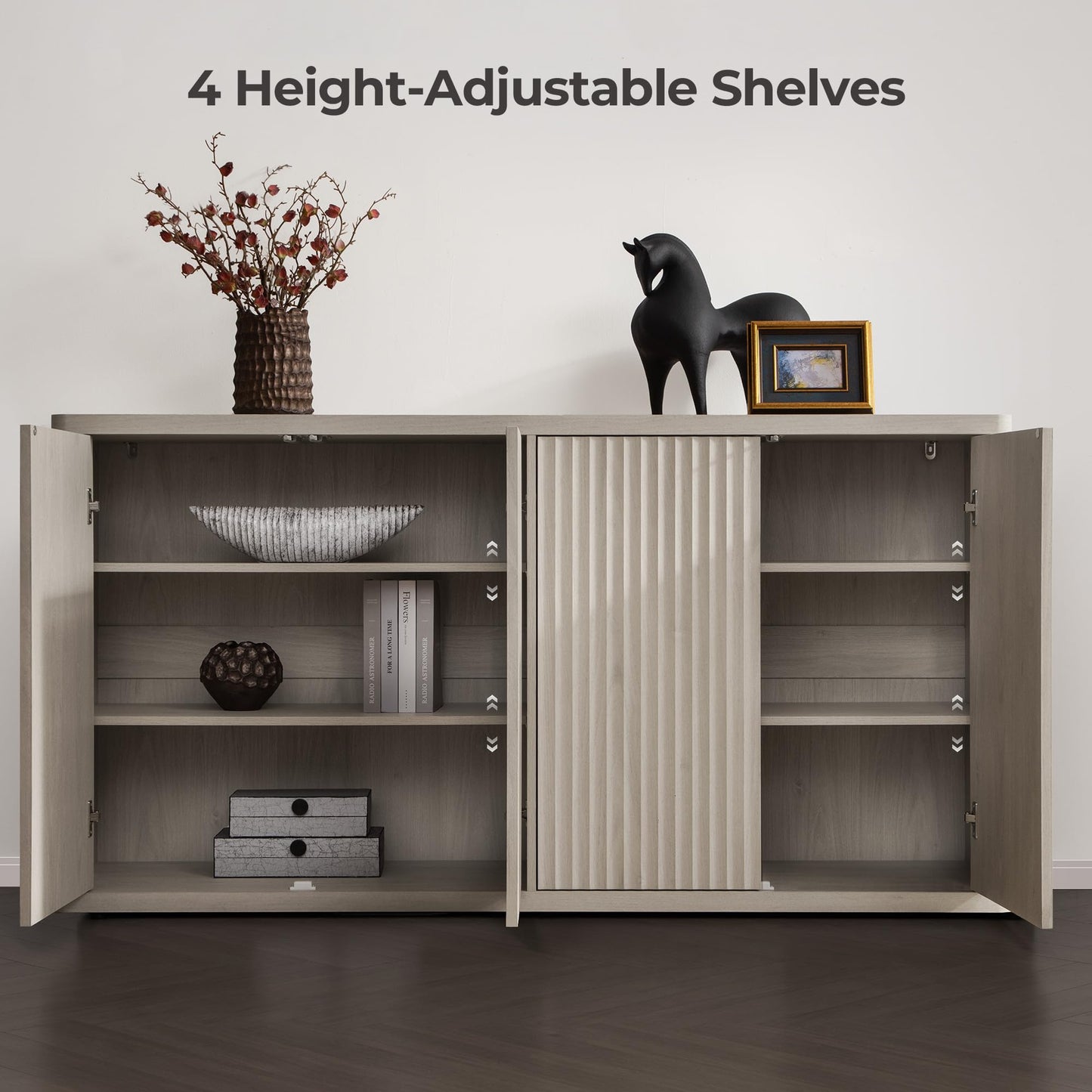 SICOTAS 66.3" Fluted Buffet Cabinet with Storage, Modern Sideboard with 4 Doors, Wide Credenza Buffet Table Media Console Cabinet for Entryway, Kitchen, Dining Room, Living Room, or Hallway