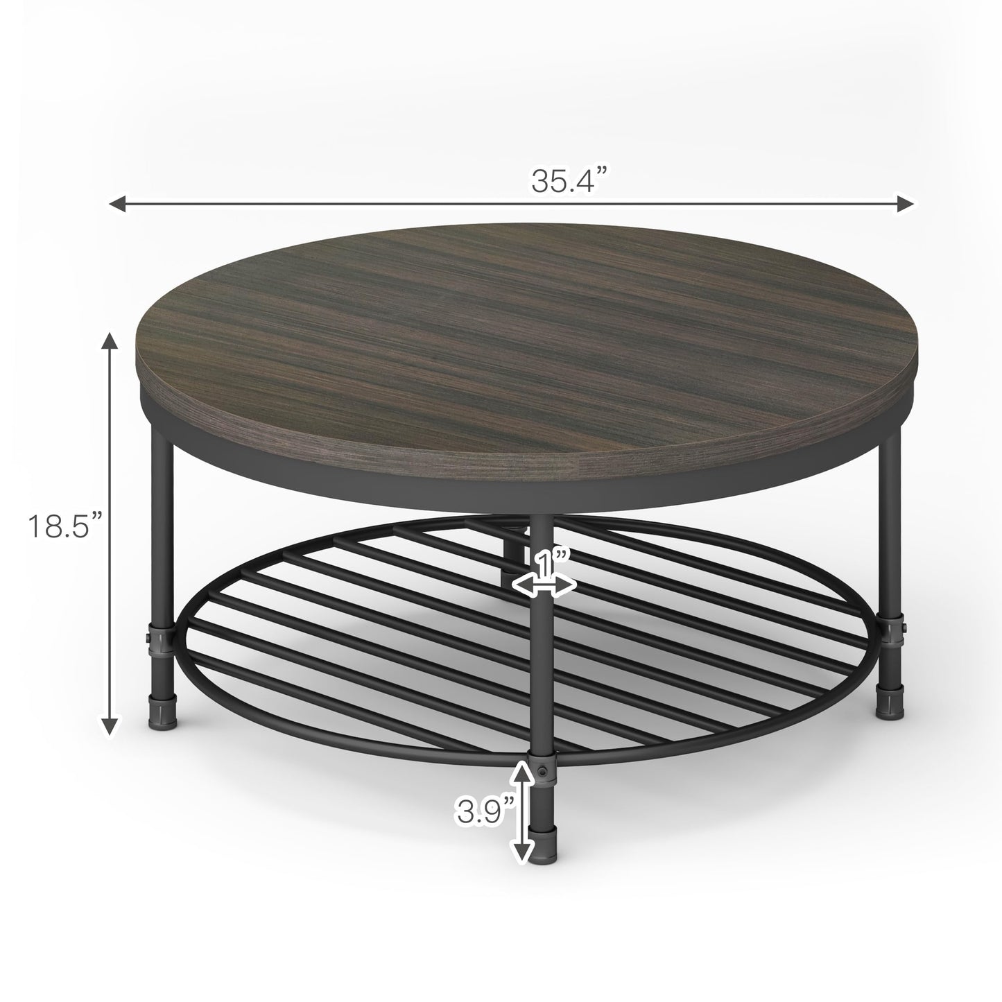 NSdirect 36" Round Coffee Table with Storage Shelf – Dark Grey Brown Vintage Wood Top & Sturdy Metal Legs, 18.5" Height Modern Center Table for Living Room or Small Spaces