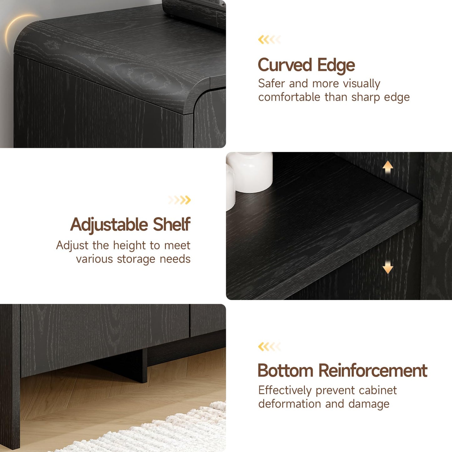 60" Curved Sideboard Buffet Cabinet with 4 Doors and Adjustable Shelves, Farmhouse Coffee Bar Storage for Living Room, Kitchen, or Hallway, Black