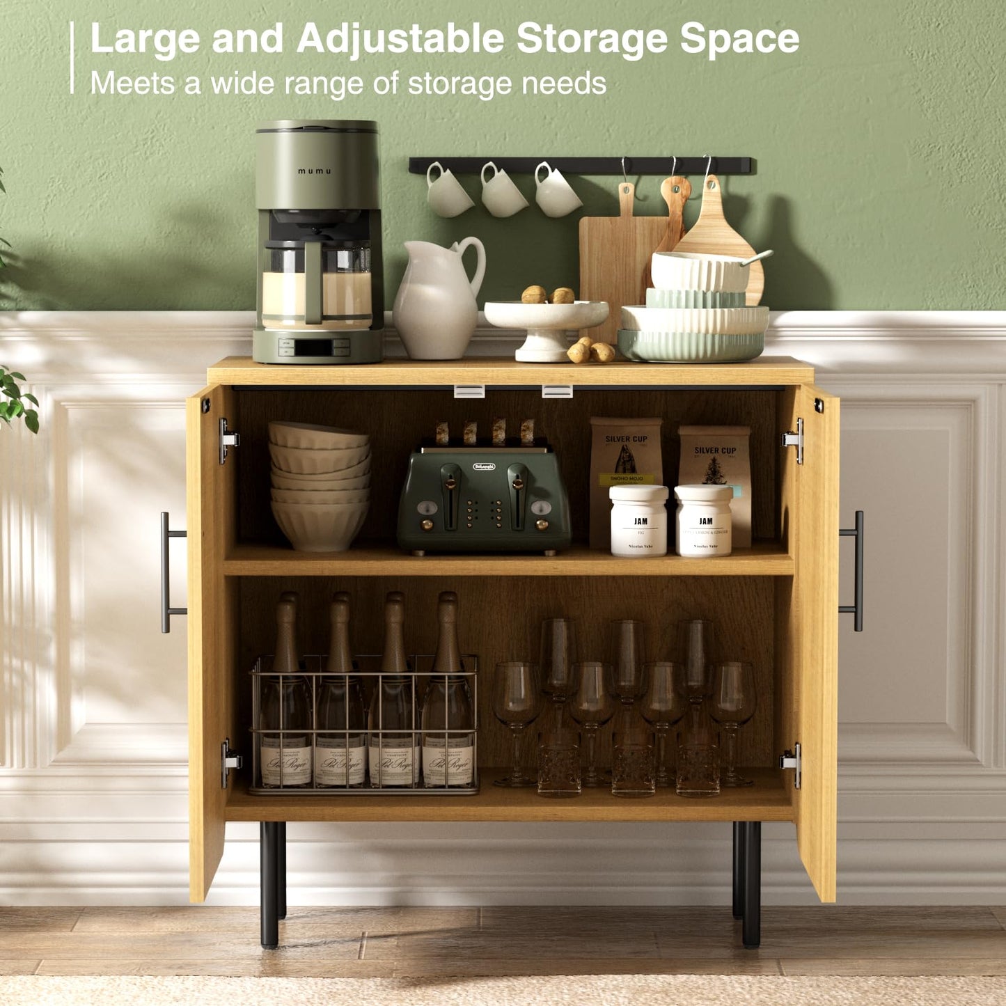 Buffet Cabinet with 2 Doors and Adjustable Shelf, Fluted Modern Sideboard Accent Cabinet for Living Room, Natural