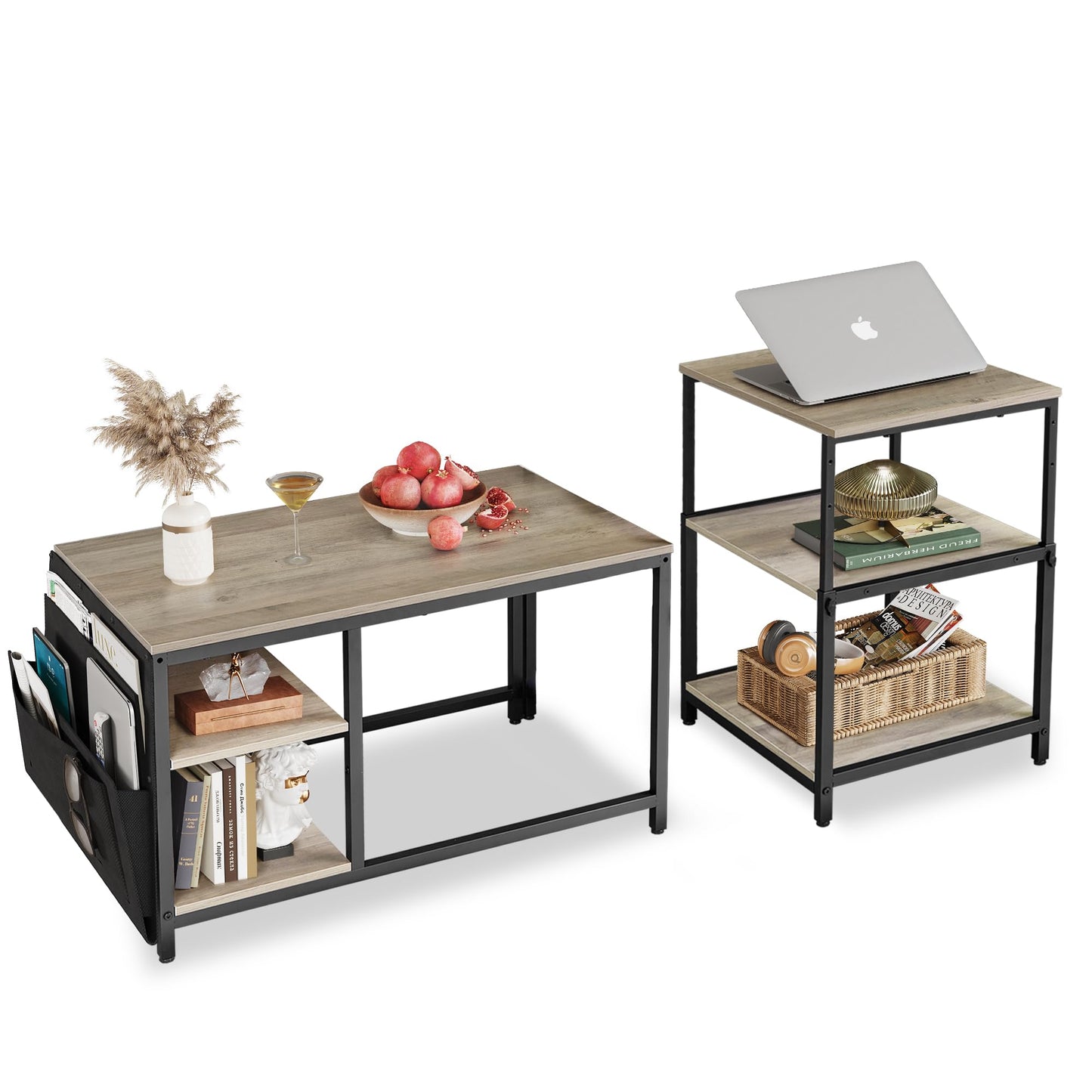 WLIVE Adjustable Coffee Table Set of 2 – Small End Tables for Living Room or Bedroom, Grey