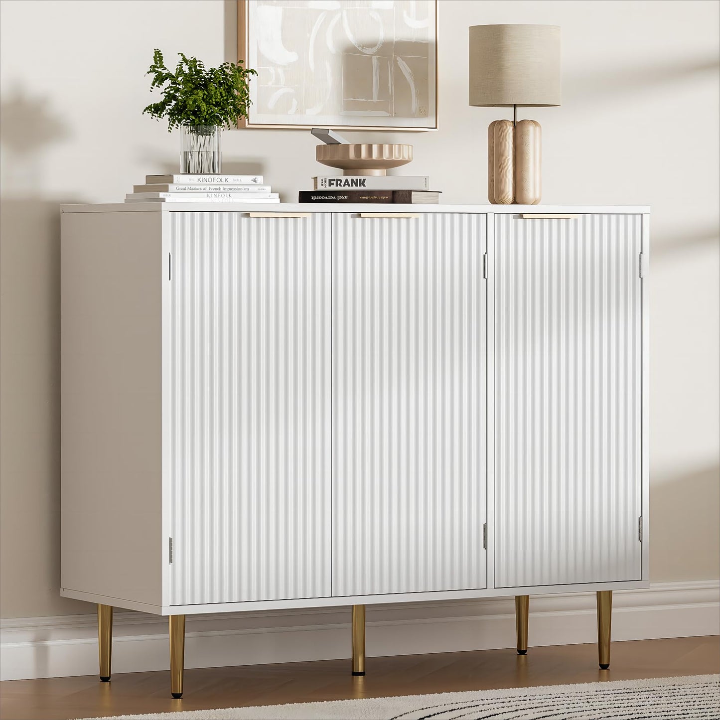 Fluted Sideboard Buffet with 3 Doors and Adjustable Shelves, Modern Kitchen Storage Cabinet with Gold Handles, Coffee Bar for Living Room or Kitchen, White