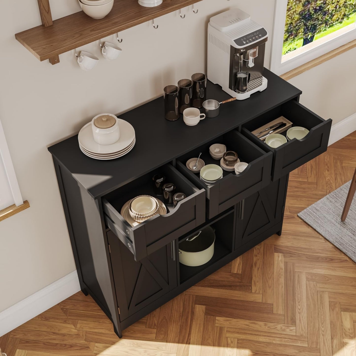Storage Cabinet with 2 Doors, 3 Drawers, and 2 Adjustable Shelves, Coffee Bar Sideboard for Bathroom, Kitchen, or Living Room, Black
