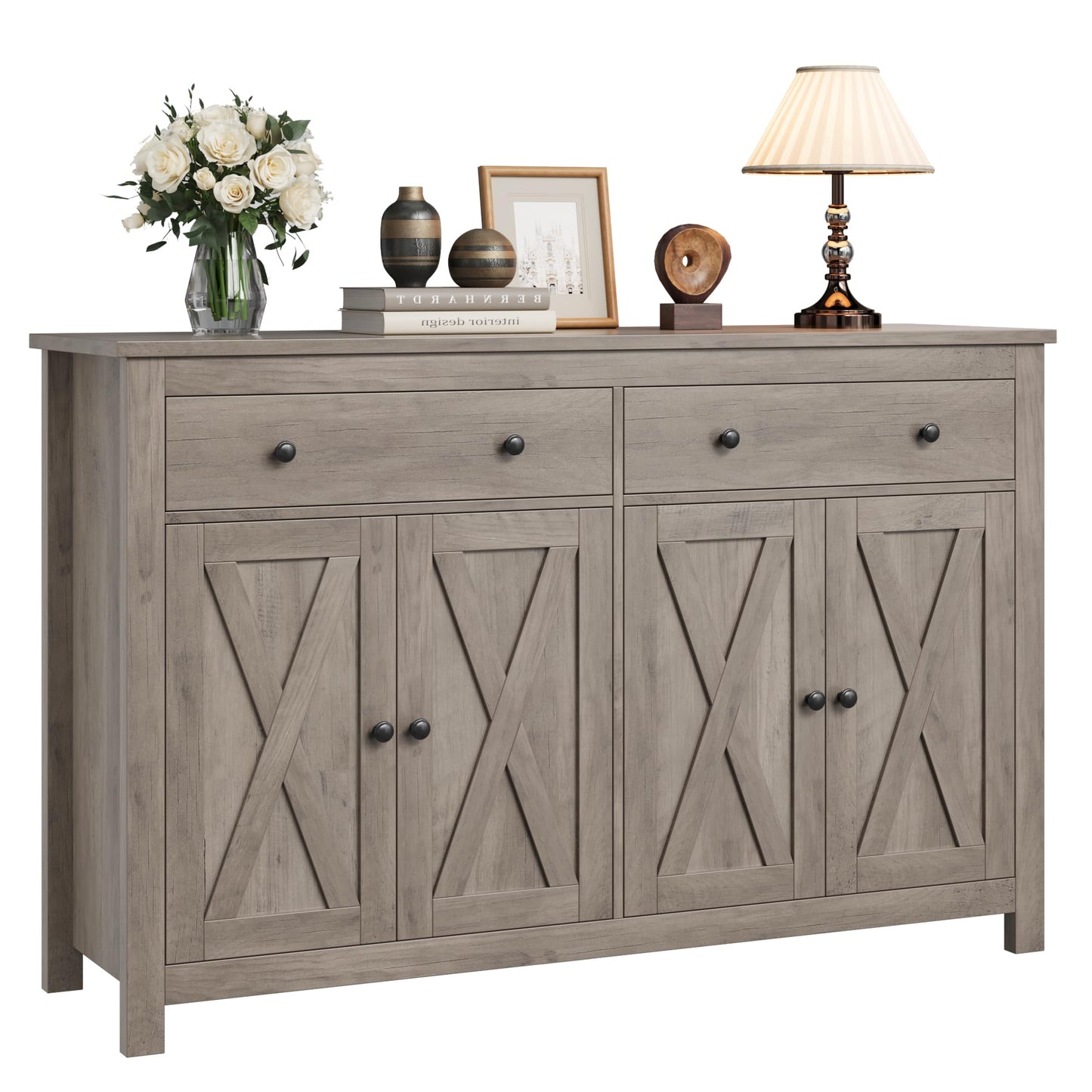 55" Large Sideboard Buffet Cabinet with 2 Drawers and 4 Doors, Wood Storage Buffet Table for Kitchen or Dining Room, Ash Grey