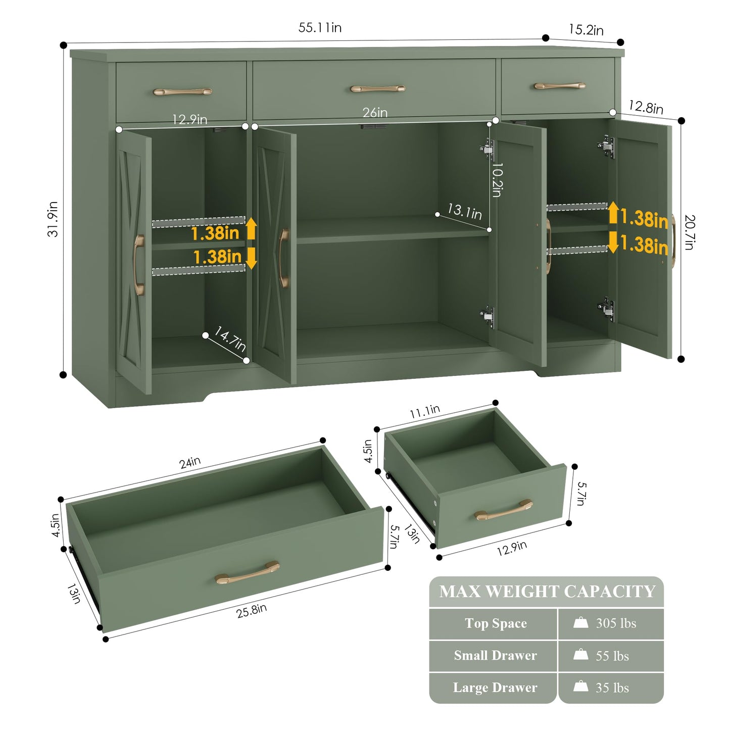 55" Large Buffet Sideboard Cabinet with Drawers, Shelves, and Doors, Modern Farmhouse Coffee Bar Station for Kitchen or Dining Room, Green