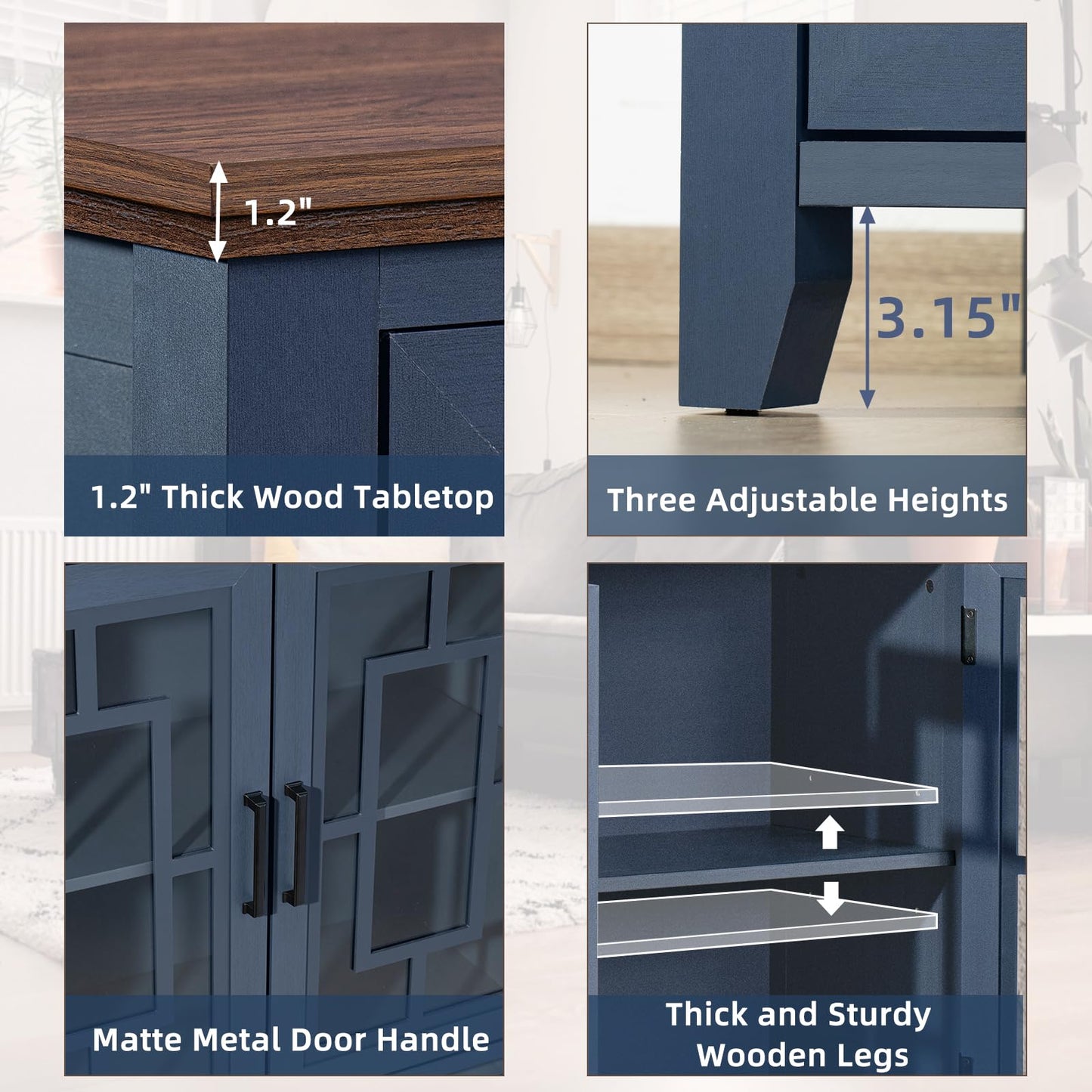 **63" Large Farmhouse Sideboard Buffet Cabinet with Storage, Navy Blue Wood Coffee & Wine Bar Cabinet with 4 Glass Doors, Mid-Century Modern Sideboard for Dining Room or Living Room**