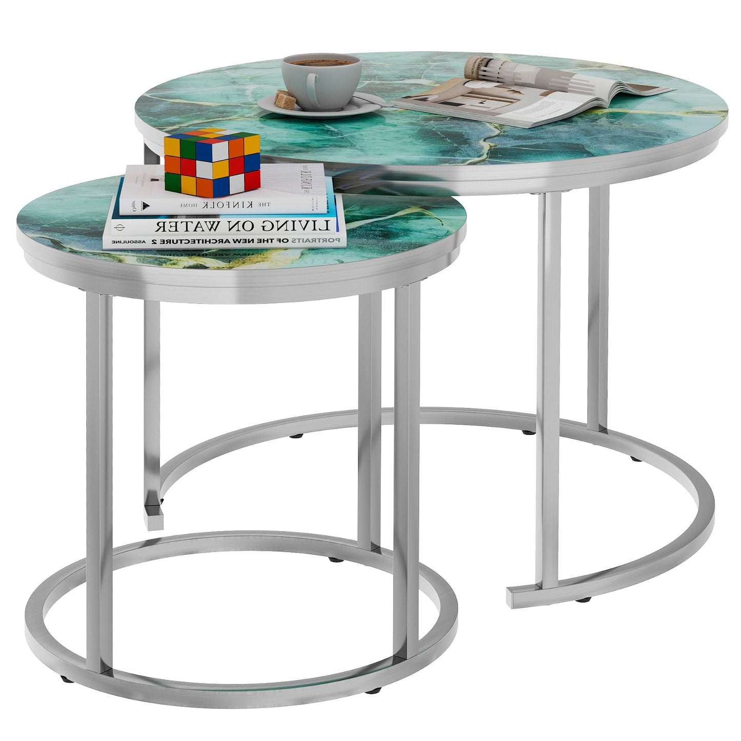 Nesting Coffee Table Set of 2, Round Green Art Top Tables with Sturdy Metal Frame for Living Room or Bedroom, Modern Industrial Style