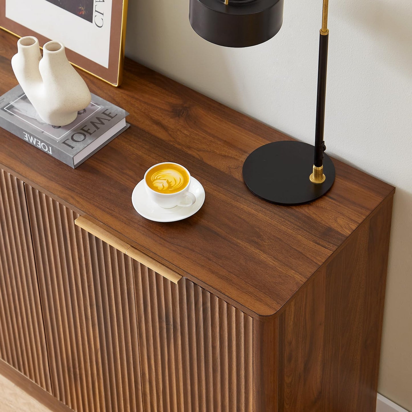 59" Fluted Walnut Sideboard Buffet Cabinet with 4 Doors, Large Wood Mid-Century Modern Storage Cabinet for Kitchen and Living Room