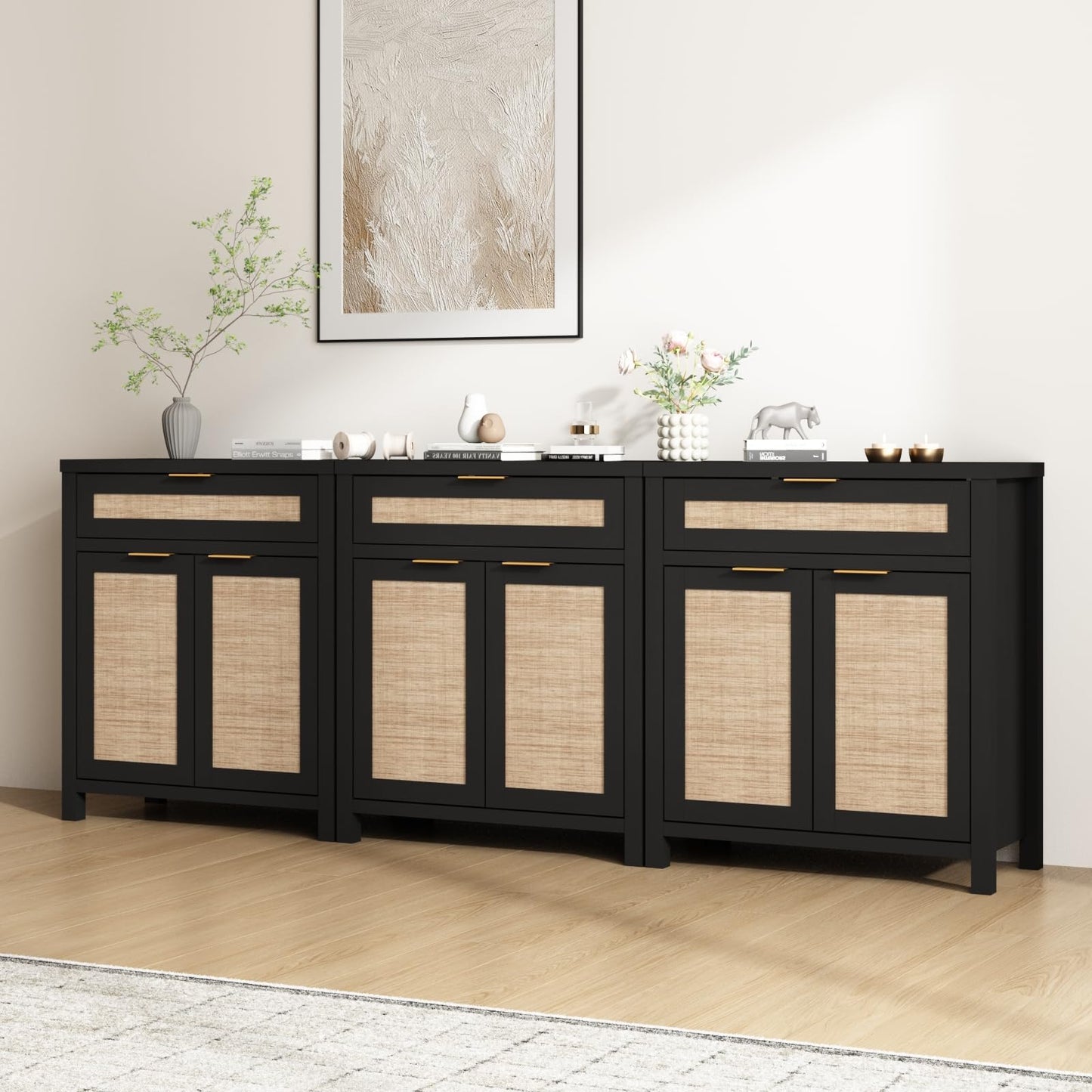 Boho Rattan Sideboard Buffet Cabinet with Doors and Drawer, Farmhouse Storage Credenza with Adjustable Shelf for Living Room, Hallway, or Kitchen, Black