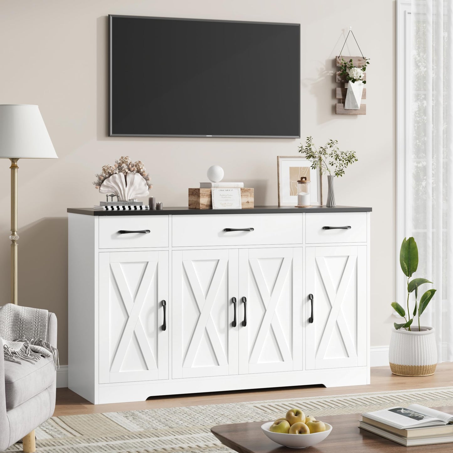 55" Large Buffet Sideboard Cabinet with Drawers, Shelves, and Doors, Modern Farmhouse Coffee Bar Station for Kitchen or Dining Room, White/Black