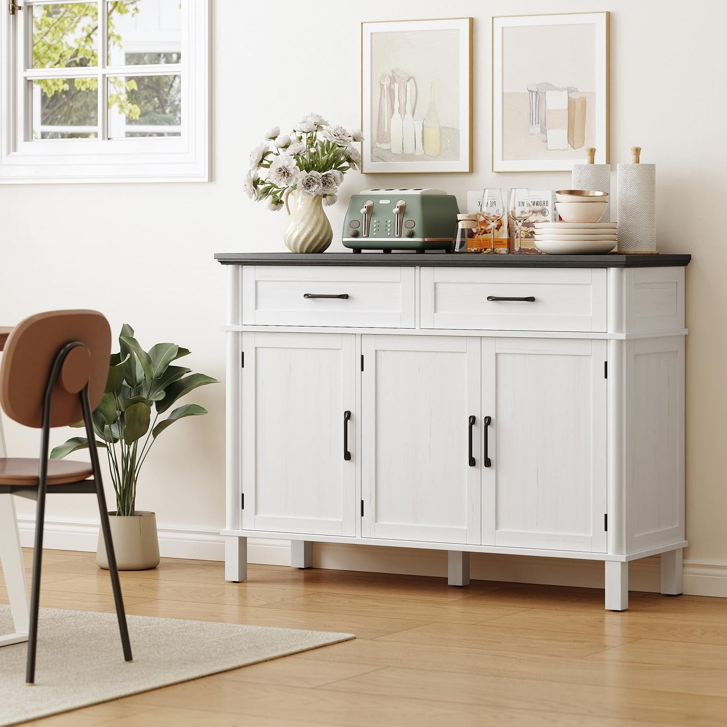 48" Farmhouse Buffet Sideboard Cabinet with 2 Drawers and 3 Doors, Wood Coffee Bar Cabinet with Adjustable Shelves for Kitchen or Living Room, Off White & Black