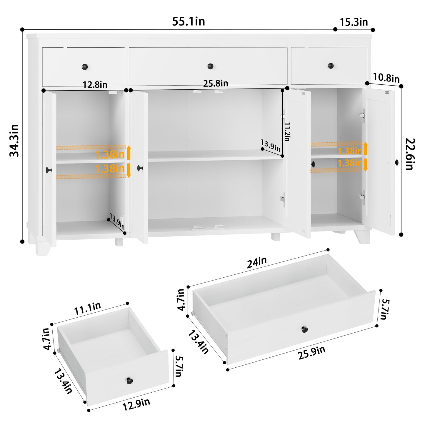 **HIFIT 55" Large Kitchen Buffet Cabinet with Storage, Modern Sideboard with Drawers, Doors, and Shelves, Wood Coffee Bar Cabinet for Kitchen, Dining, or Living Room, White**