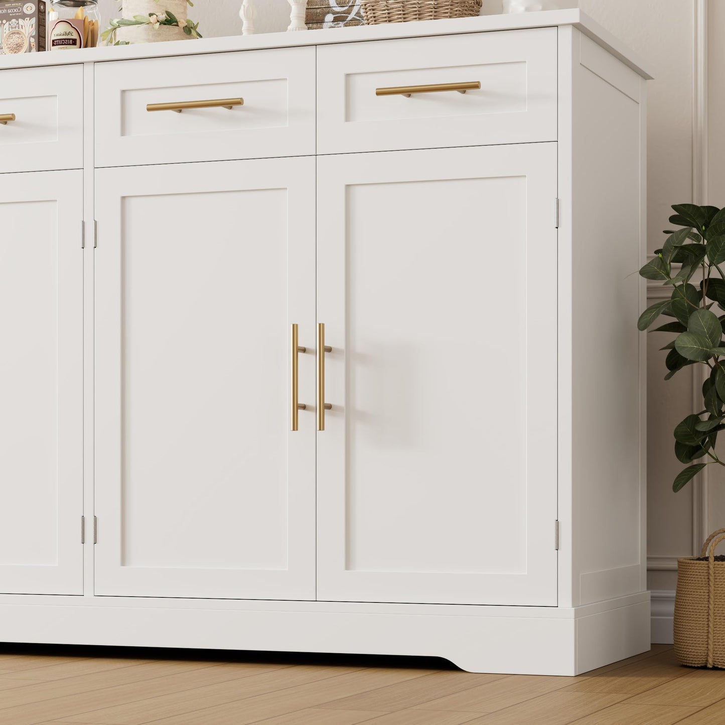 60" Large Buffet Sideboard with 4 Drawers and Storage, 36" Tall Modern Kitchen Cabinet with Gold Handles, White