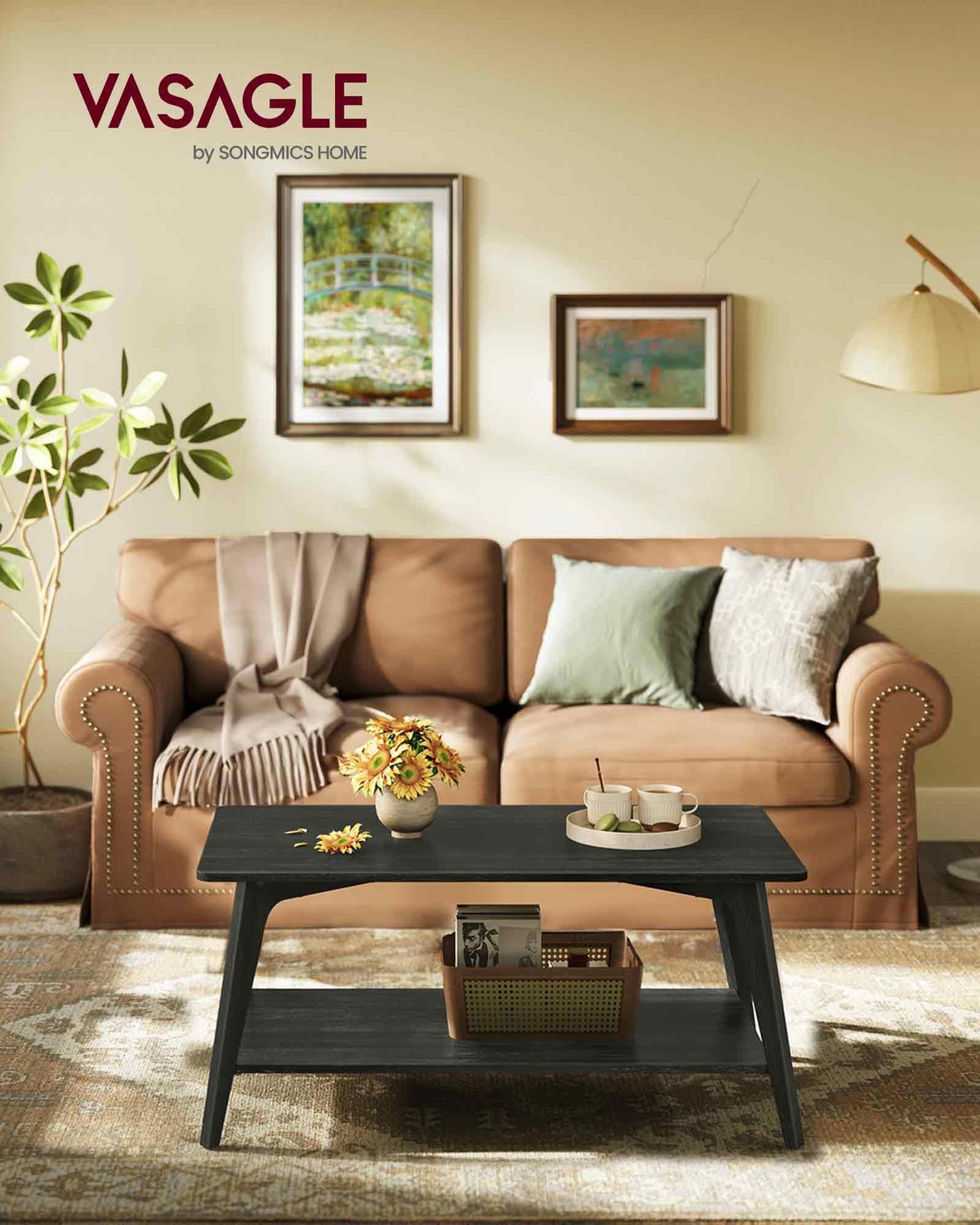 VASAGLE MAEZO Collection 2-Tier Coffee Table with Storage, Tapered Legs & Curved Transitions – 21.7" x 39.4" x 17.7" Modern Center Table for Living Room, Easy Assembly, Charcoal Gray (ULCT249B01)