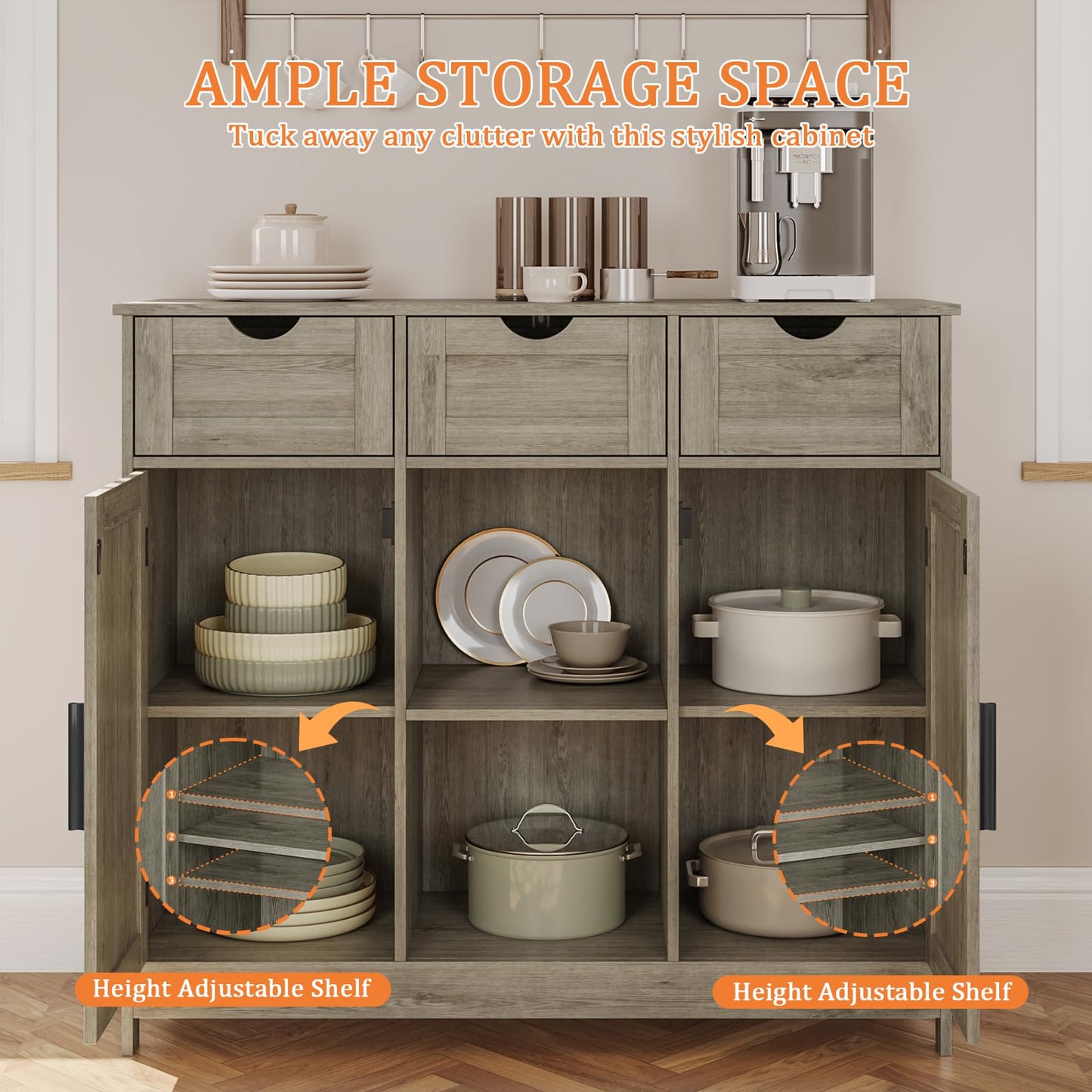 Storage Cabinet with 2 Doors, 3 Drawers, and 2 Adjustable Shelves, Coffee Bar Sideboard for Bathroom, Kitchen, or Living Room, Gray