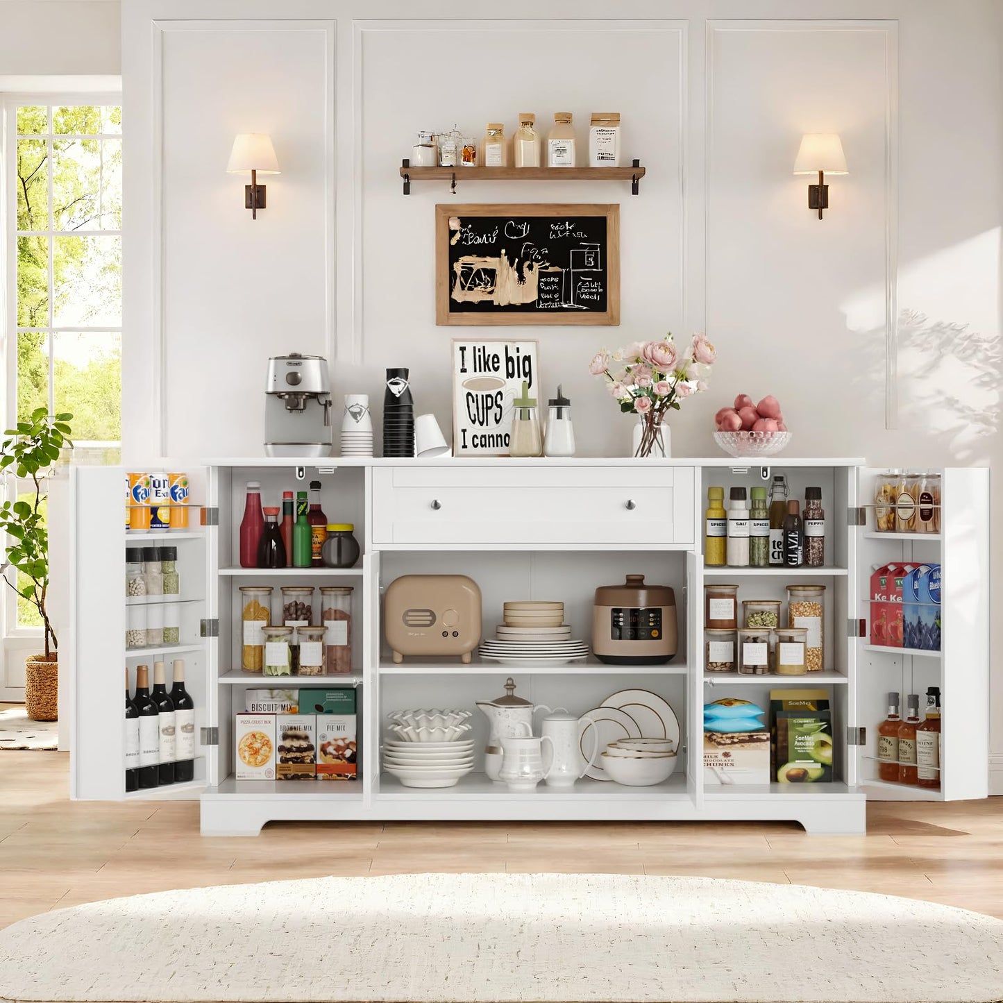 **HITHOS 54" Modern Buffet Cabinet with Storage, White Kitchen Sideboard with Drawer, Wood Coffee Bar Station with Adjustable Shelves for Living Room**