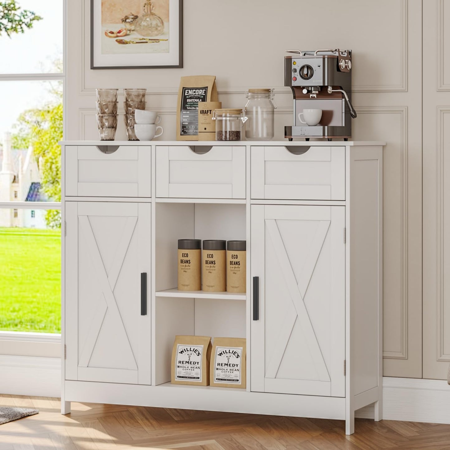 Storage Cabinet with 2 Doors, 3 Drawers, and 2 Adjustable Shelves, Coffee Bar Sideboard for Bathroom, Kitchen, or Living Room, White